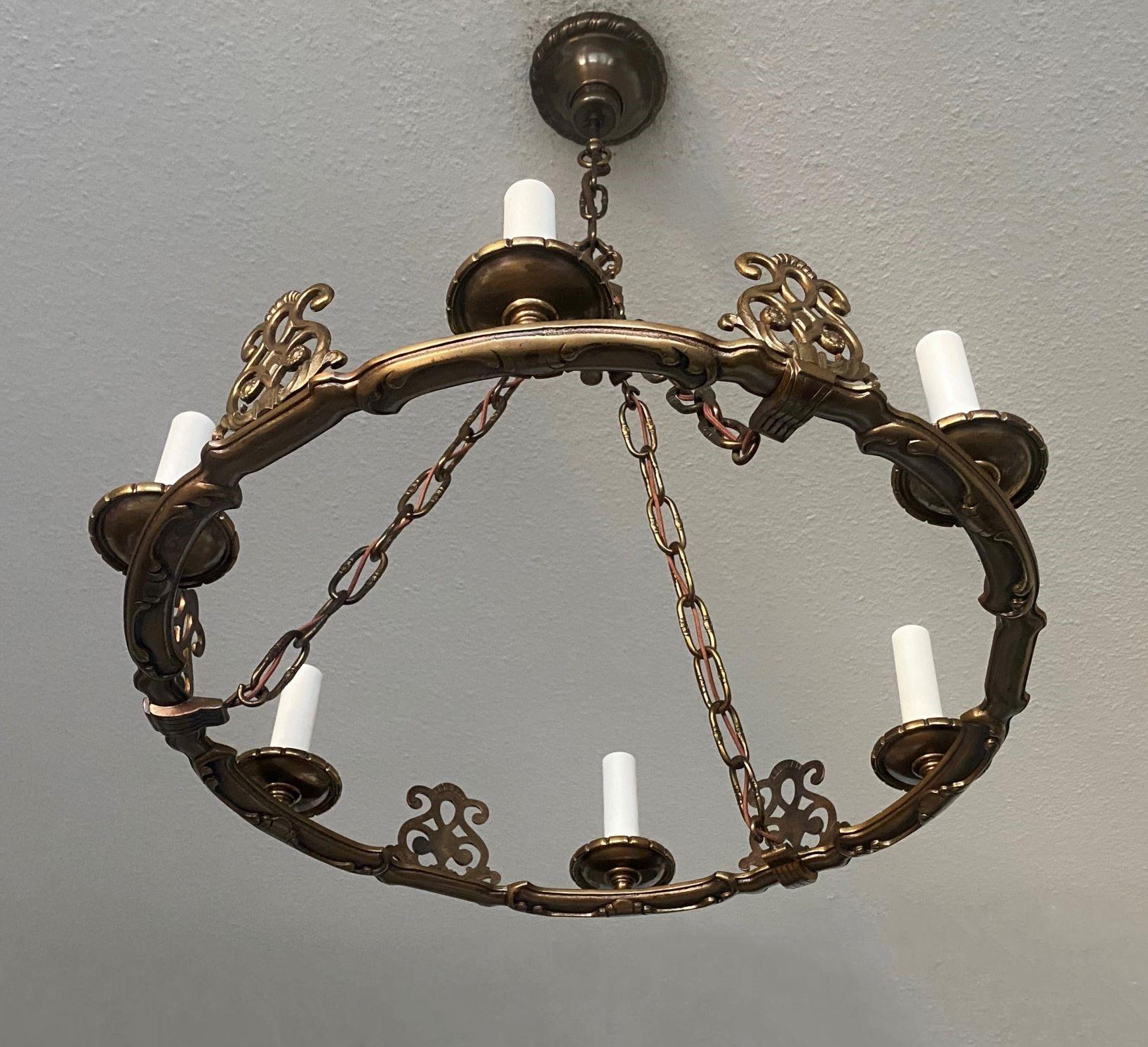 20th Century French Old Bronze Six-Light Chandelier in Country House Style, France, 1930s For Sale