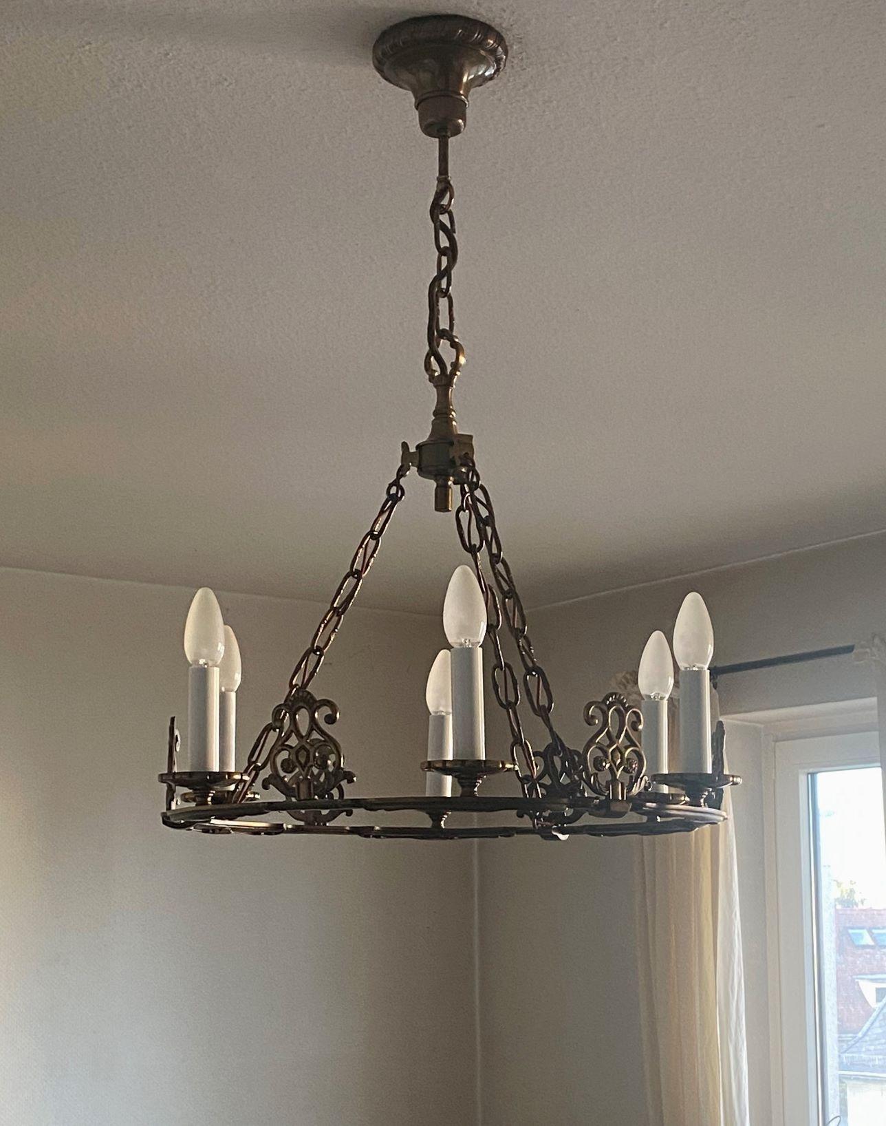 French Old Bronze Six-Light Chandelier in Country House Style, France, 1930s For Sale 1