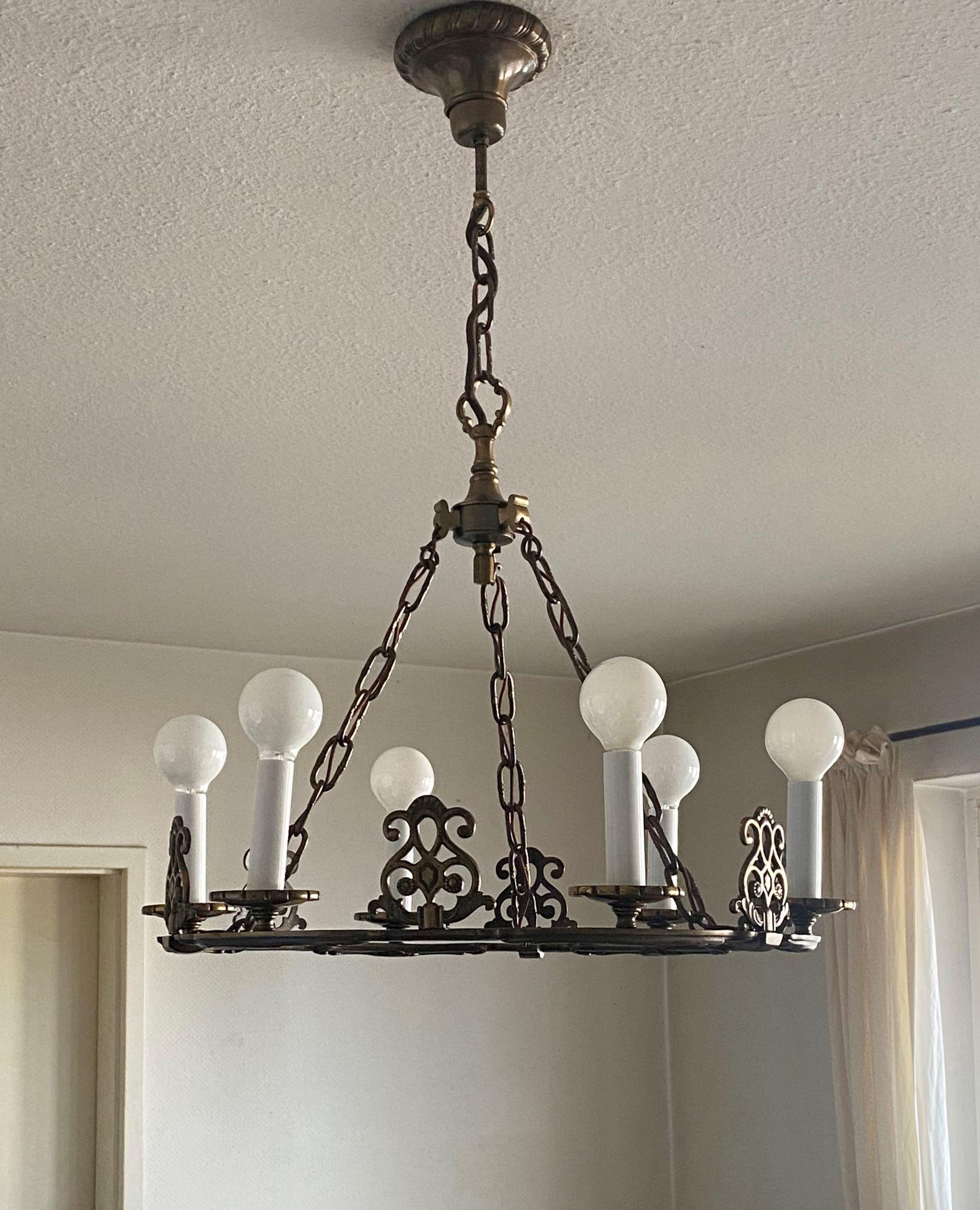 French Old Bronze Six-Light Chandelier in Country House Style, France, 1930s For Sale 2