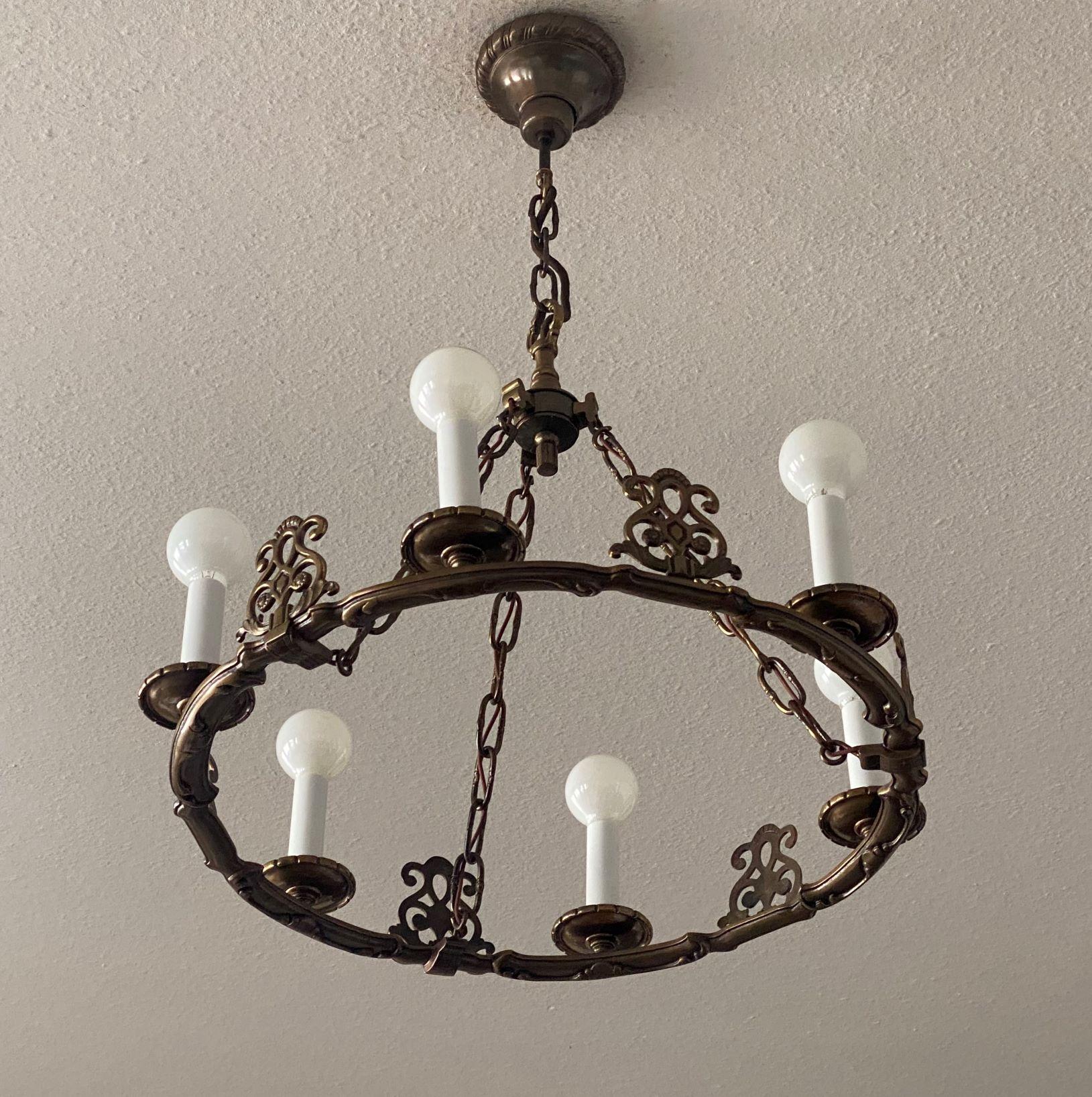 French Old Bronze Six-Light Chandelier in Country House Style, France, 1930s For Sale 3