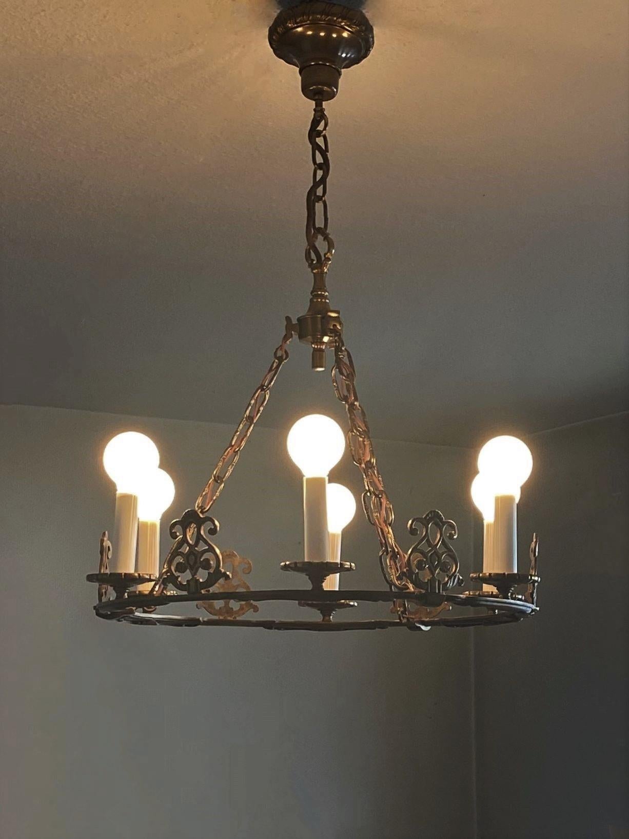 French Old Bronze Six-Light Chandelier in Country House Style, France, 1930s For Sale 4