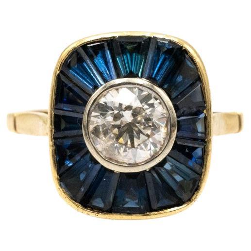 Bague Art déco française avec un diamant taille ancienne de 1,00ct et des saphirs naturels