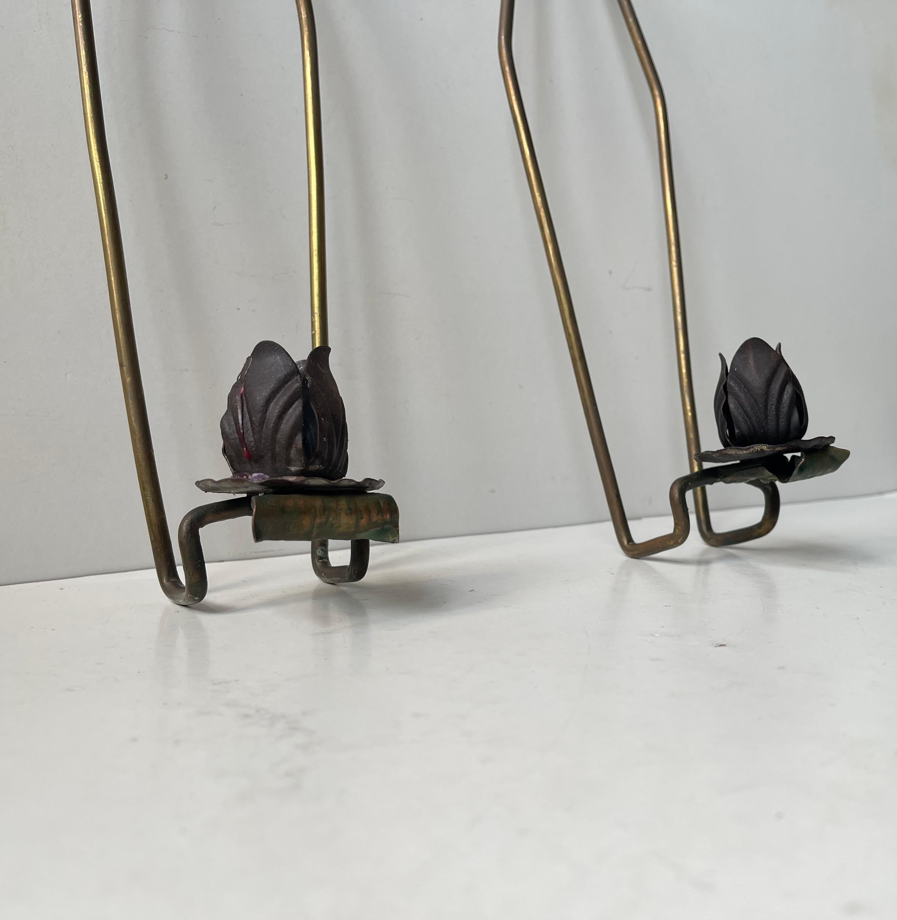 French Art Deco Rose Bud Wall Candleholders in Brass, 1920s For Sale 1