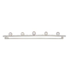 French Art Deco Rose-Cut Diamond and Natural Pearl Bar Brooch in Platinum