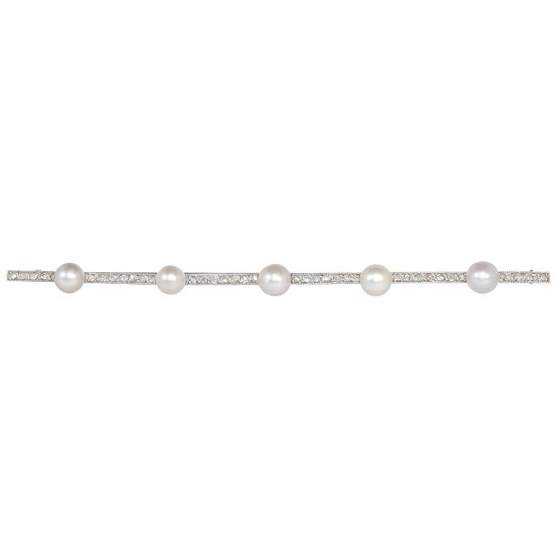 French Art Deco Rose-Cut Diamond and Natural Pearl Bar Brooch in Platinum For Sale
