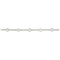 Broche barre Art déco française en platine avec diamant taillé en rose et perles naturelles