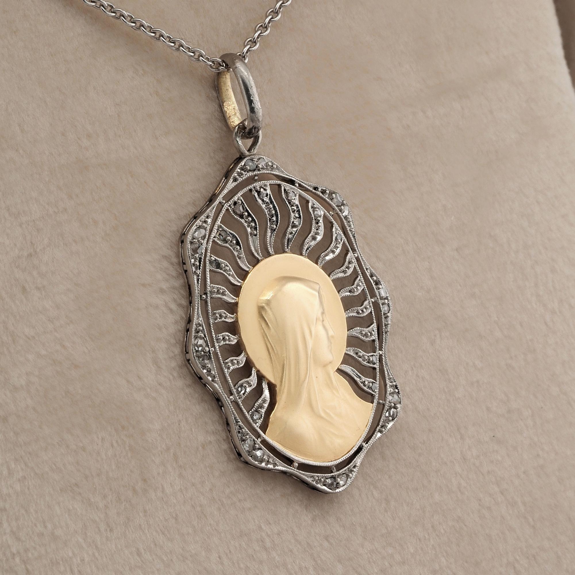 French Art Deco Rose Cut Diamond Virgin Mary 18 KT Platinum Pendant For Sale 1