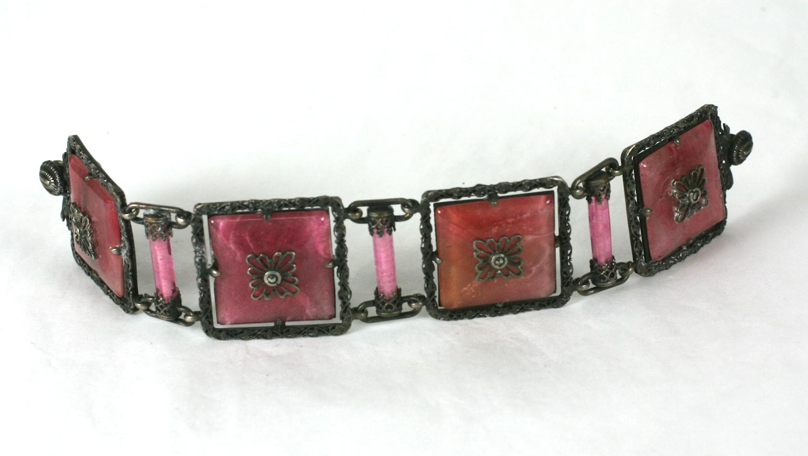 Women's   French Art Deco Rose Quartz Pate de Verre Link Bracelet For Sale