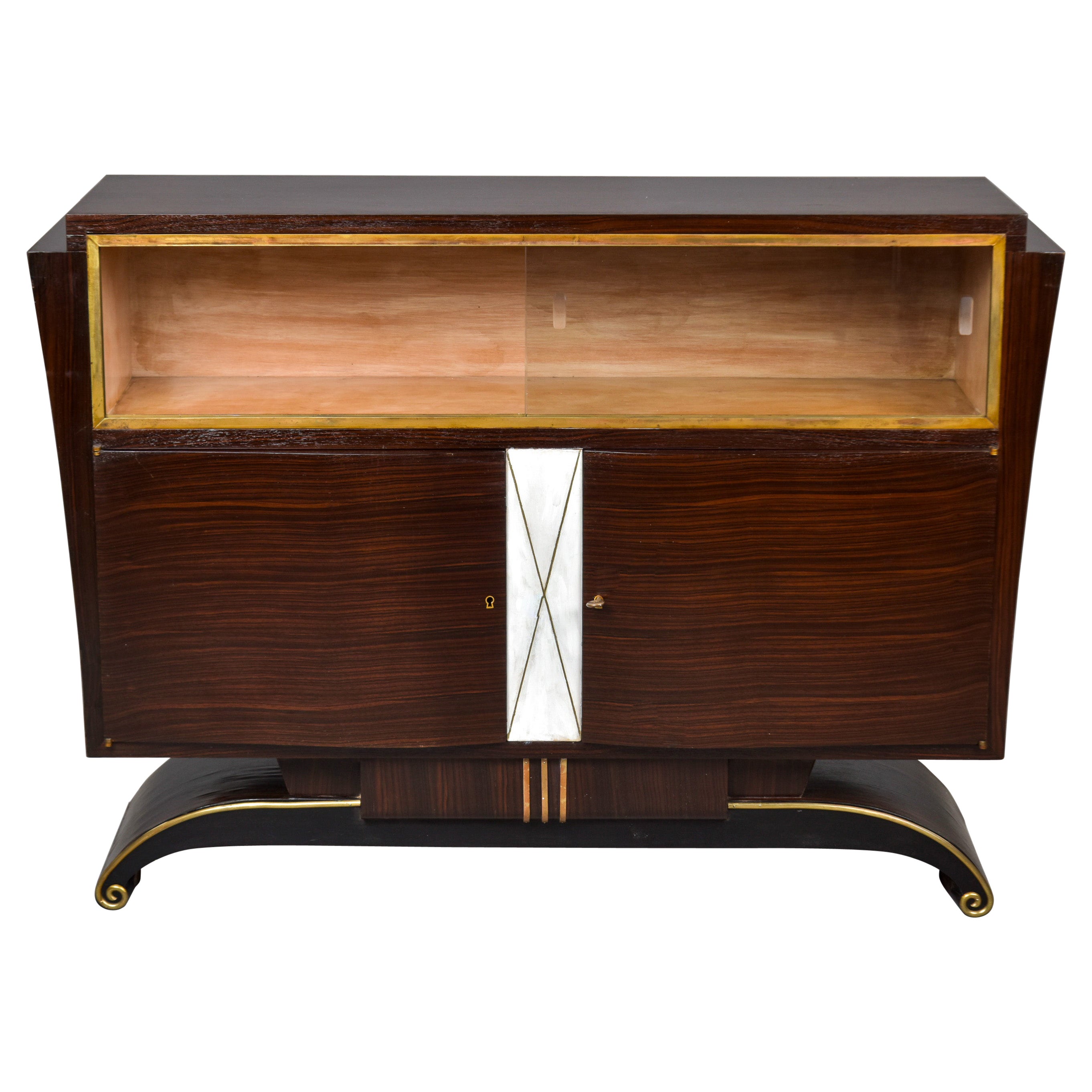 French Art Deco Rosewood and Brass Buffet with Sliding Glass Doors at Top