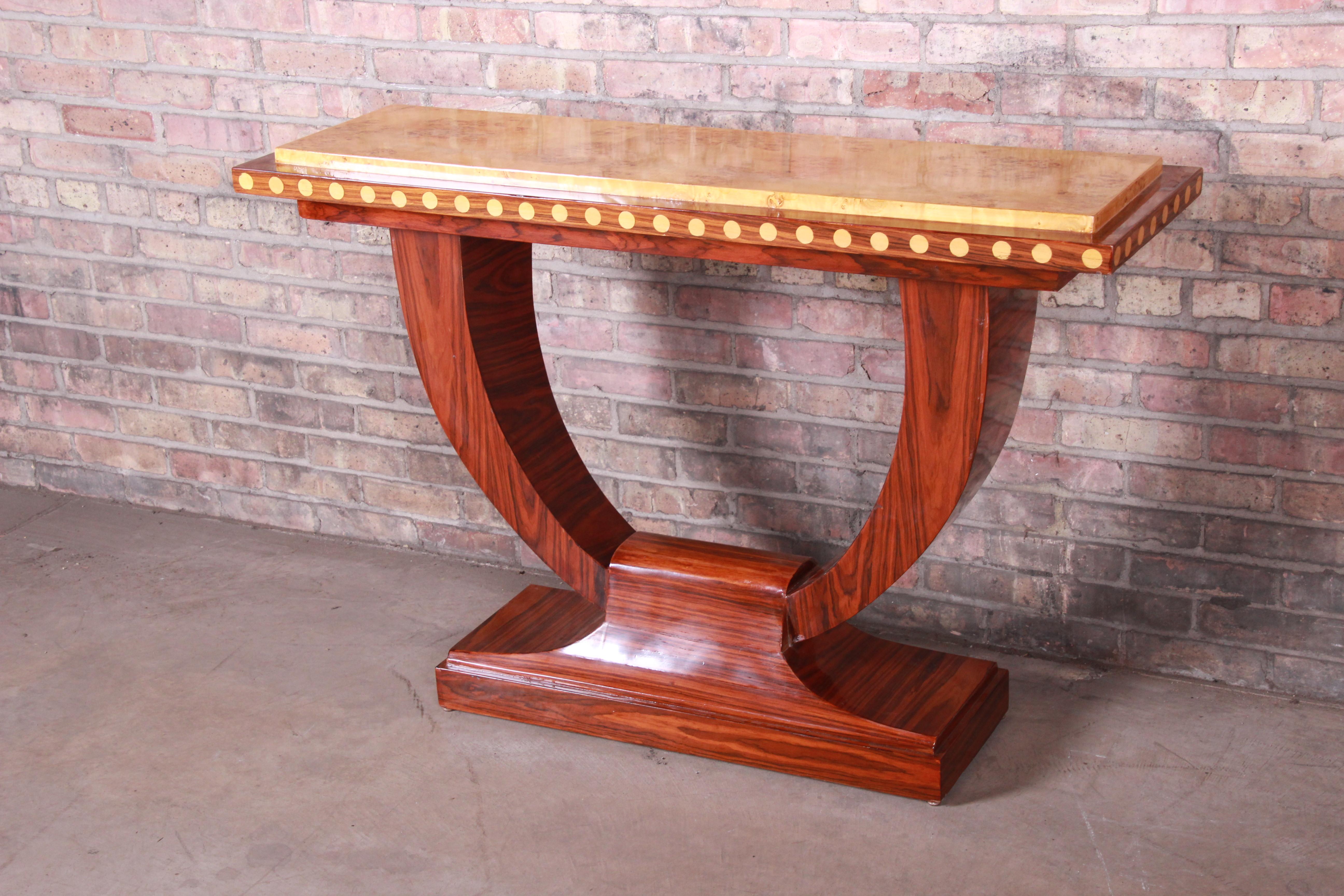 French Art Deco Rosewood and Burled Olive Wood Console Table, circa 1930s In Good Condition In South Bend, IN