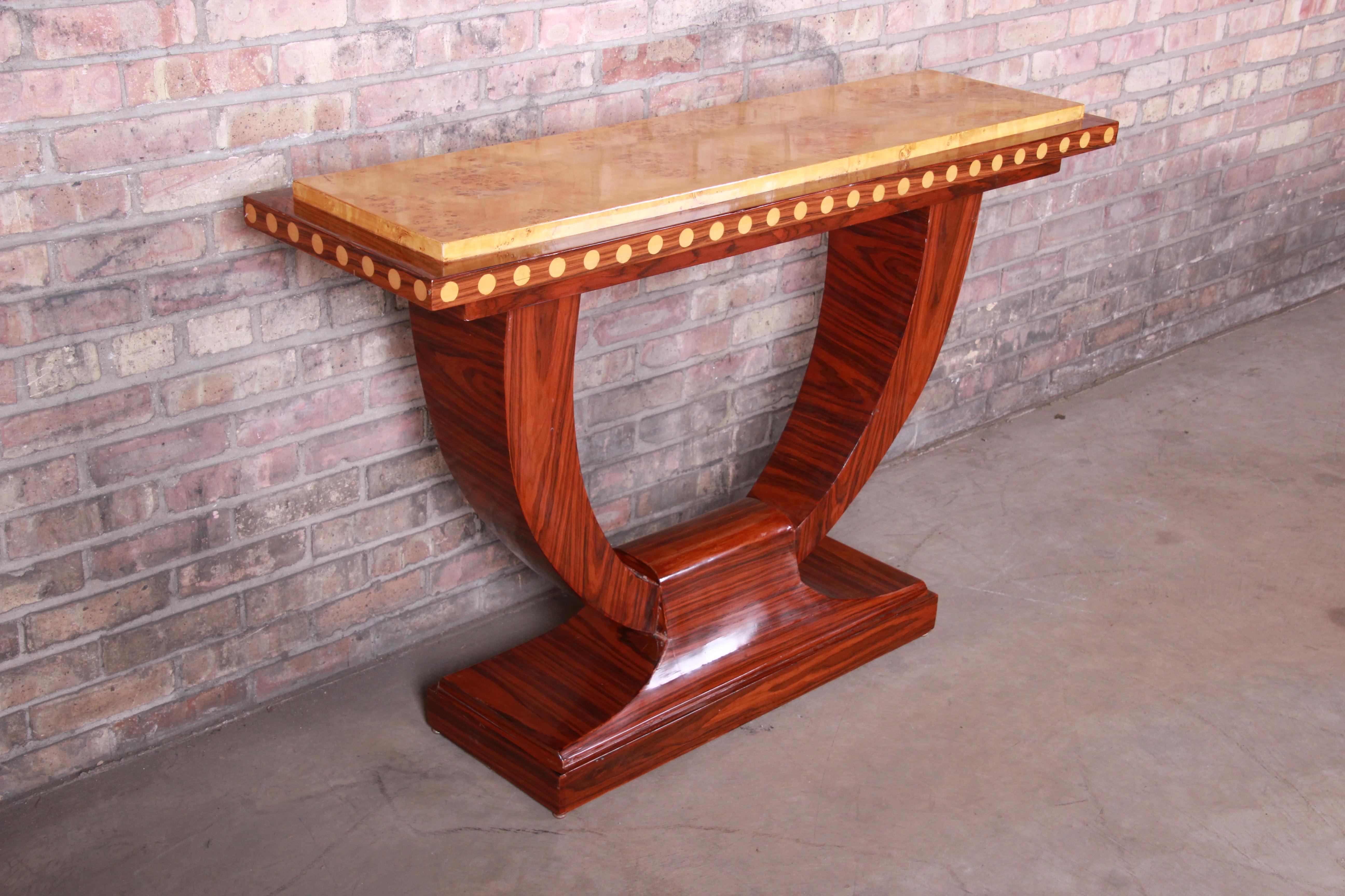 French Art Deco Rosewood and Burled Olive Wood Console Table, circa 1930s 1