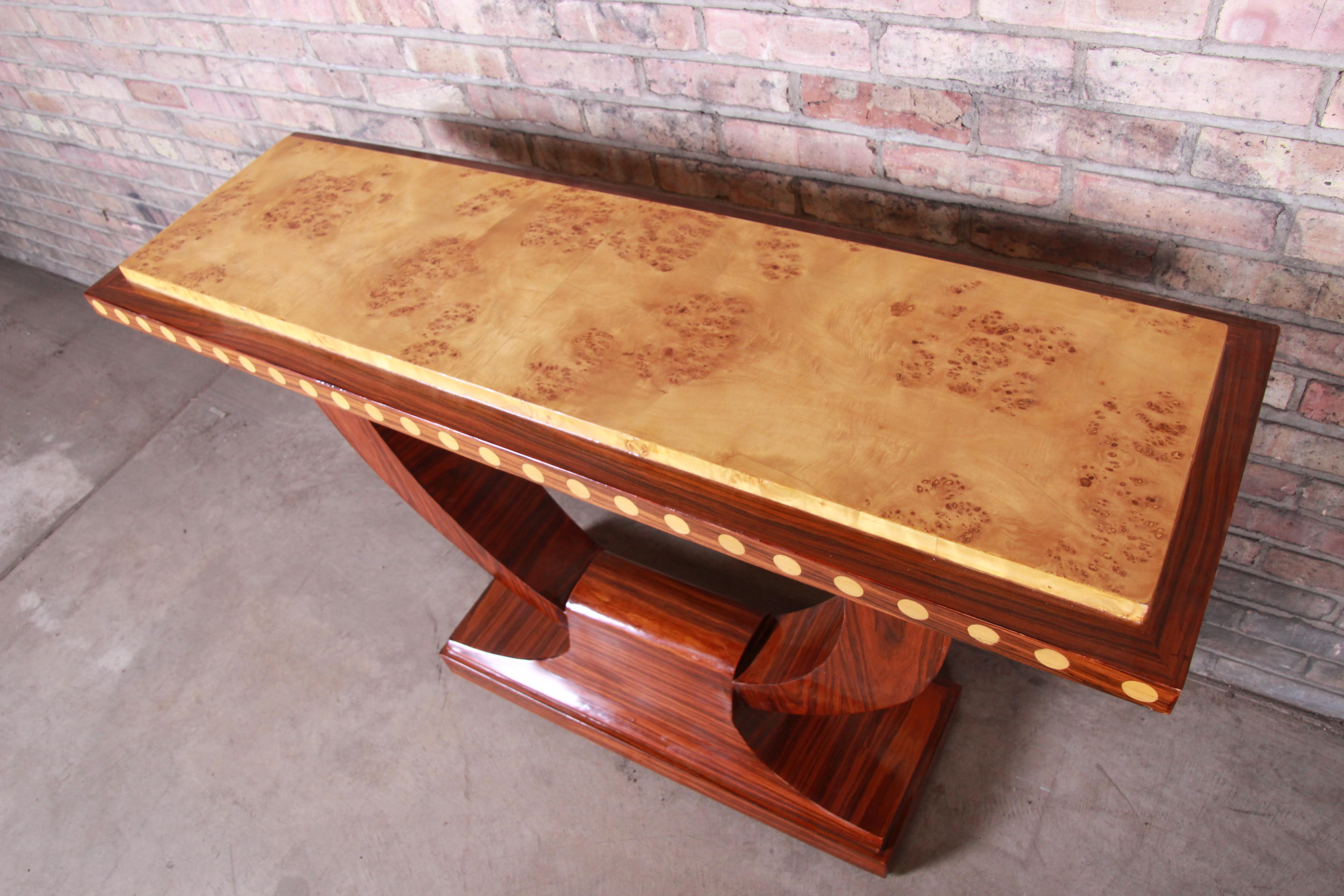 French Art Deco Rosewood and Burled Olive Wood Console Table, circa 1930s 3