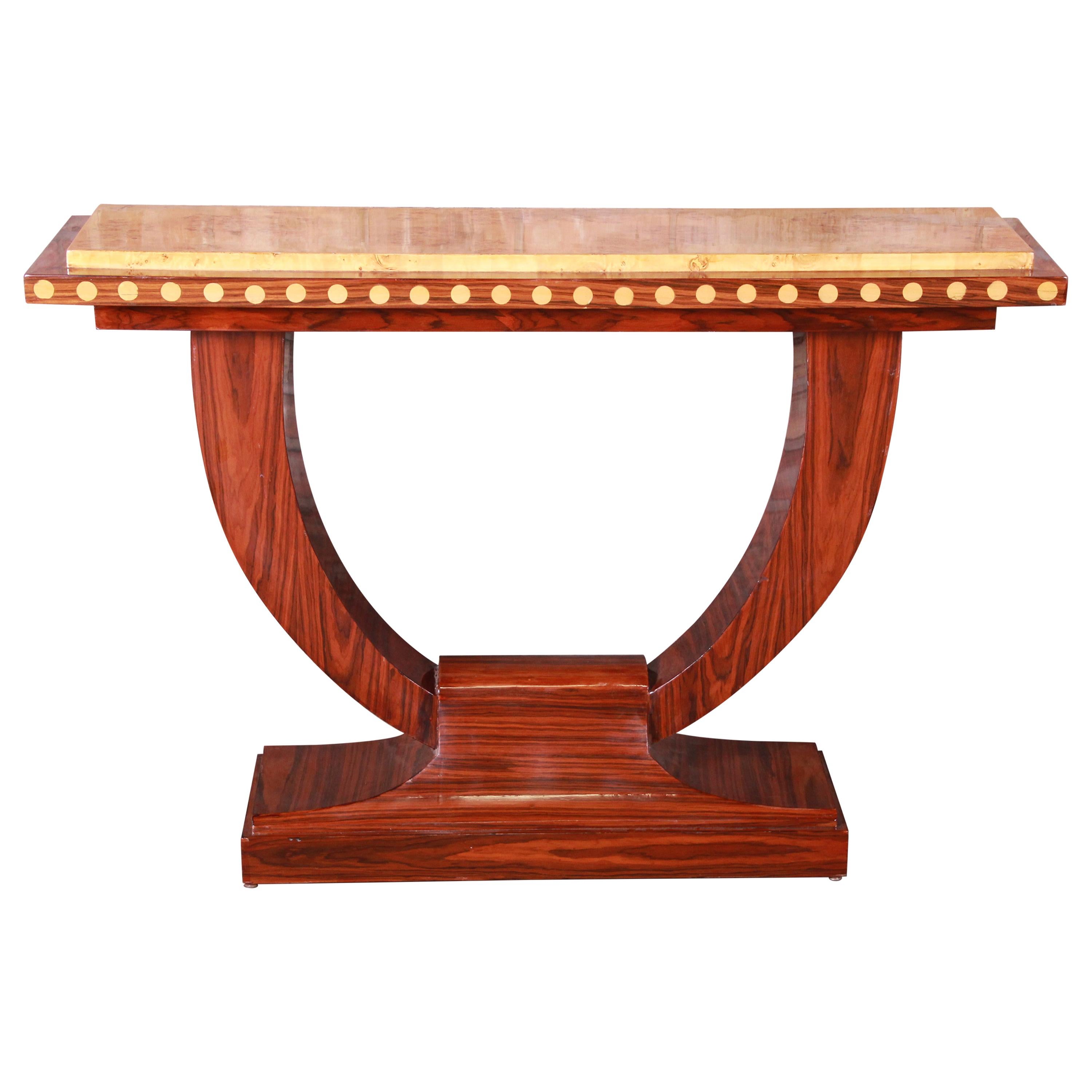 French Art Deco Rosewood and Burled Olive Wood Console Table, circa 1930s