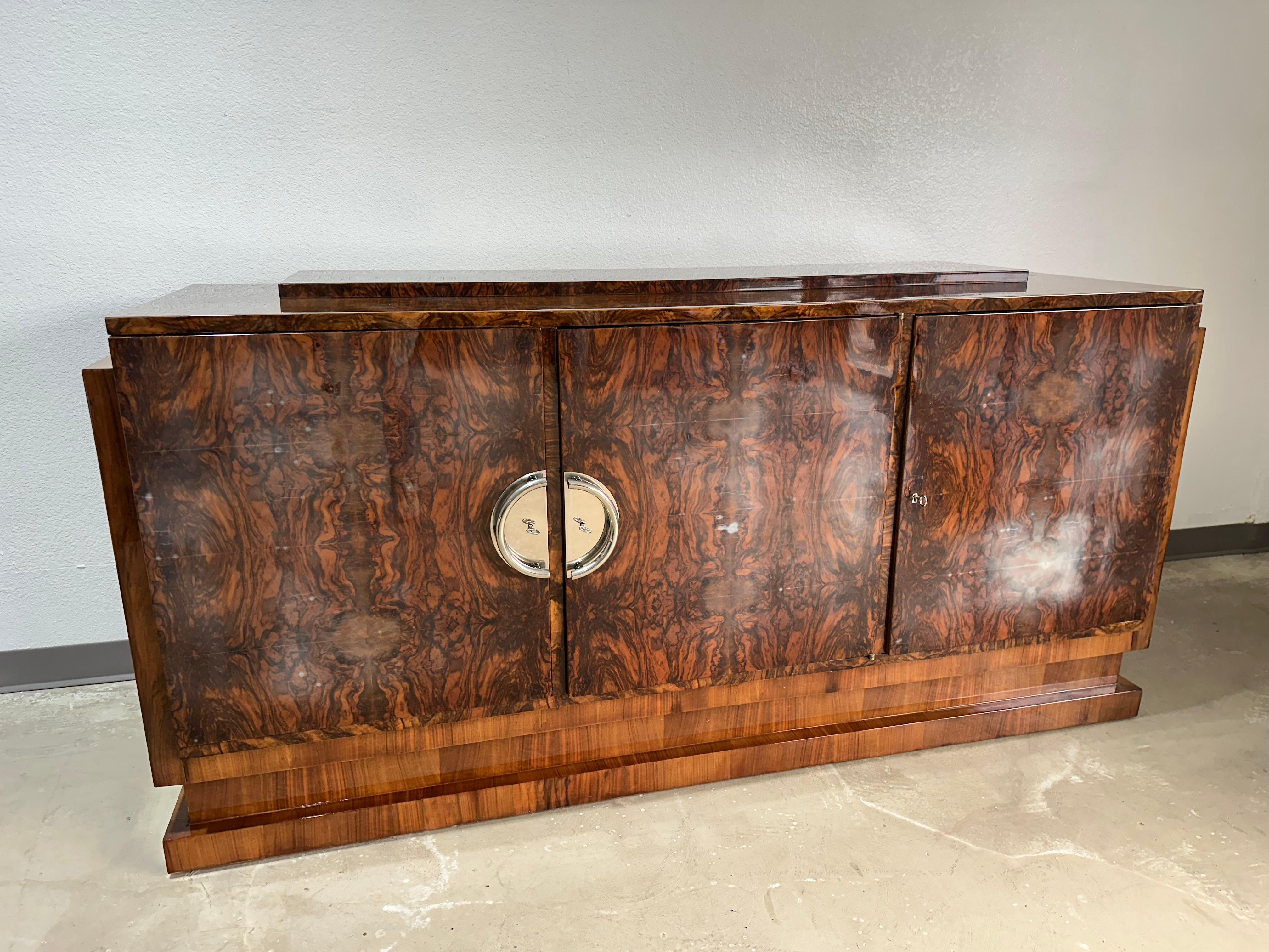 Lacquered French Art Deco Rosewood and Chrome Credenza Sideboard For Sale