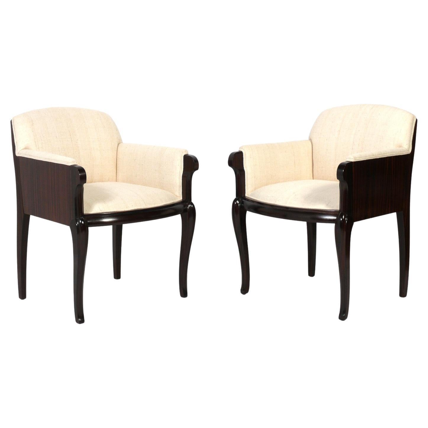French Art Deco Rosewood and Silk Lounge Chairs 