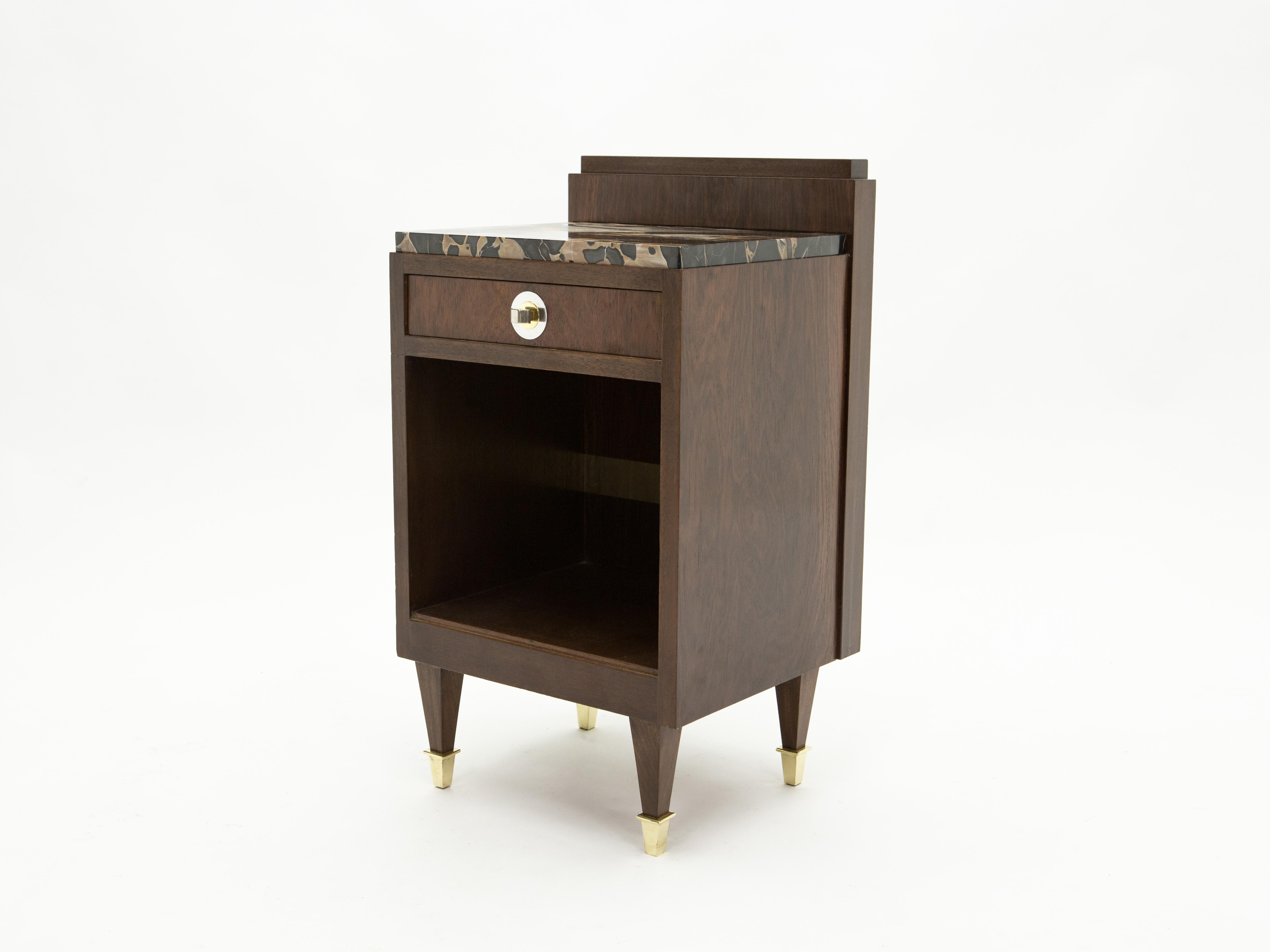 French Art Deco Rosewood Brass Marble Nightstands, 1940s 6