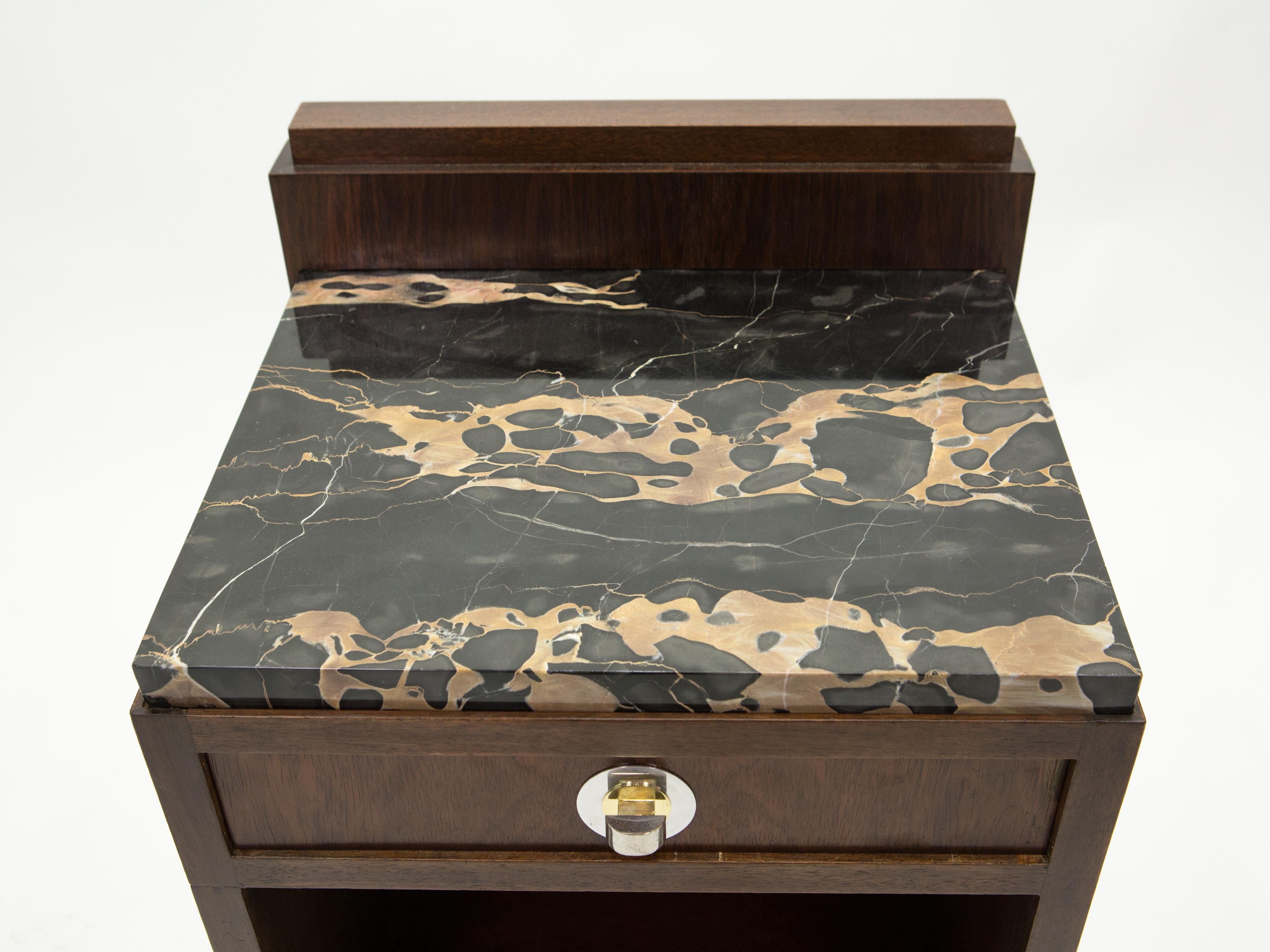 French Art Deco Rosewood Brass Marble Nightstands, 1940s 7