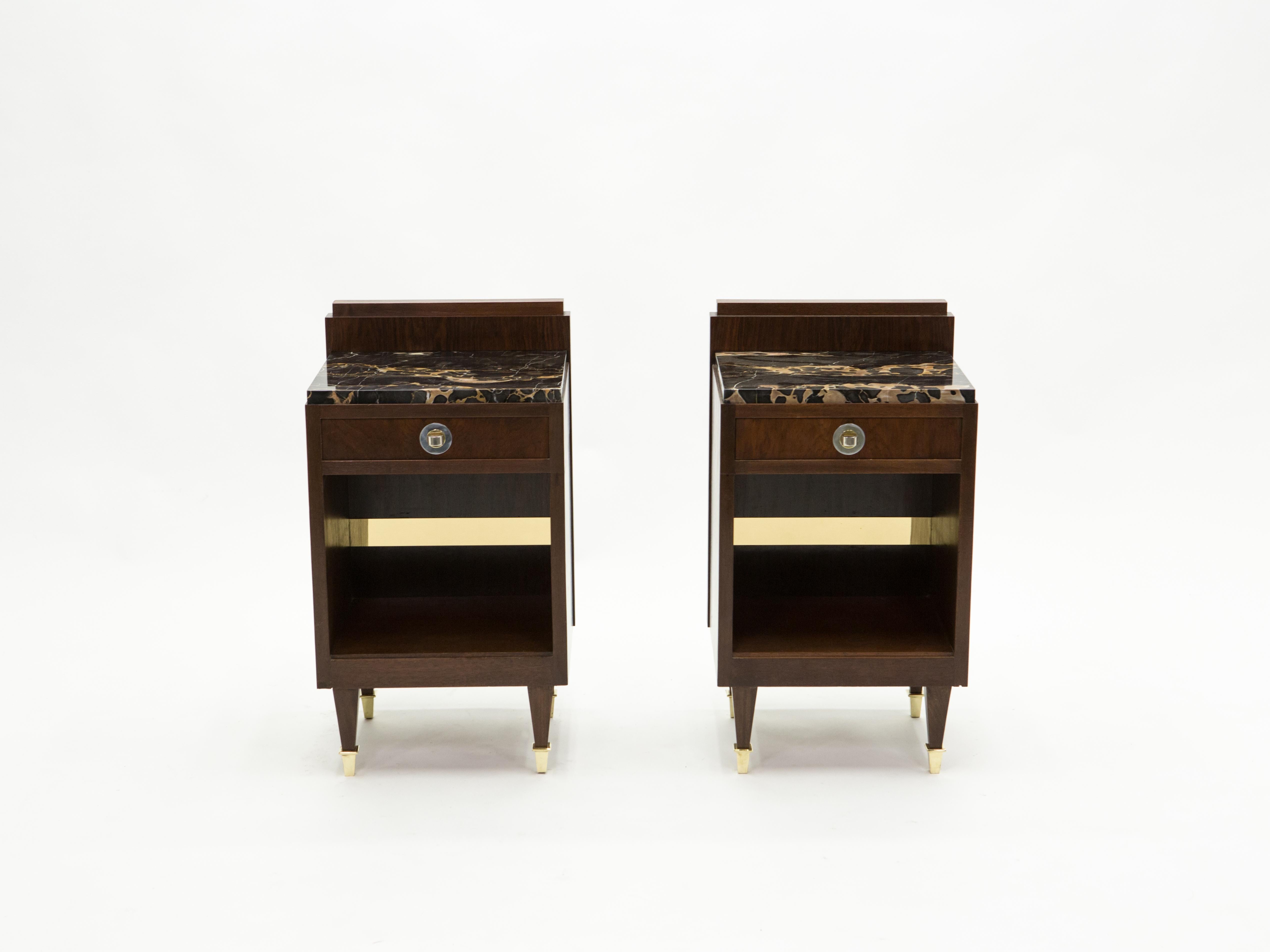 French Art Deco Rosewood Brass Marble Nightstands, 1940s 9