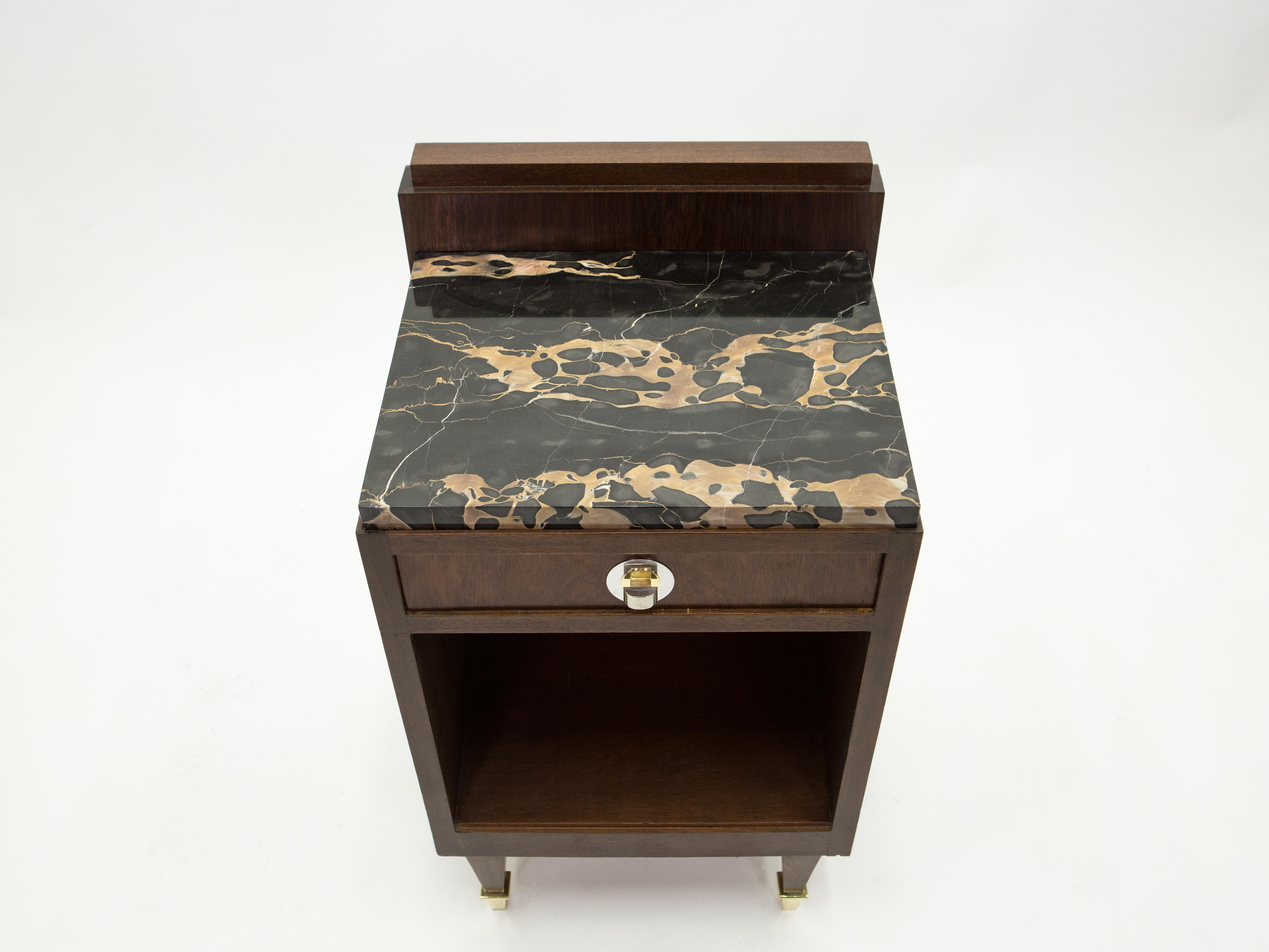 French Art Deco Rosewood Brass Marble Nightstands, 1940s 10