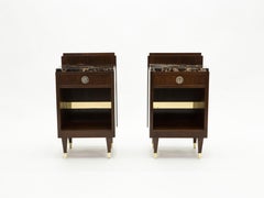 French Art Deco Rosewood Brass Marble Nightstands, 1940s