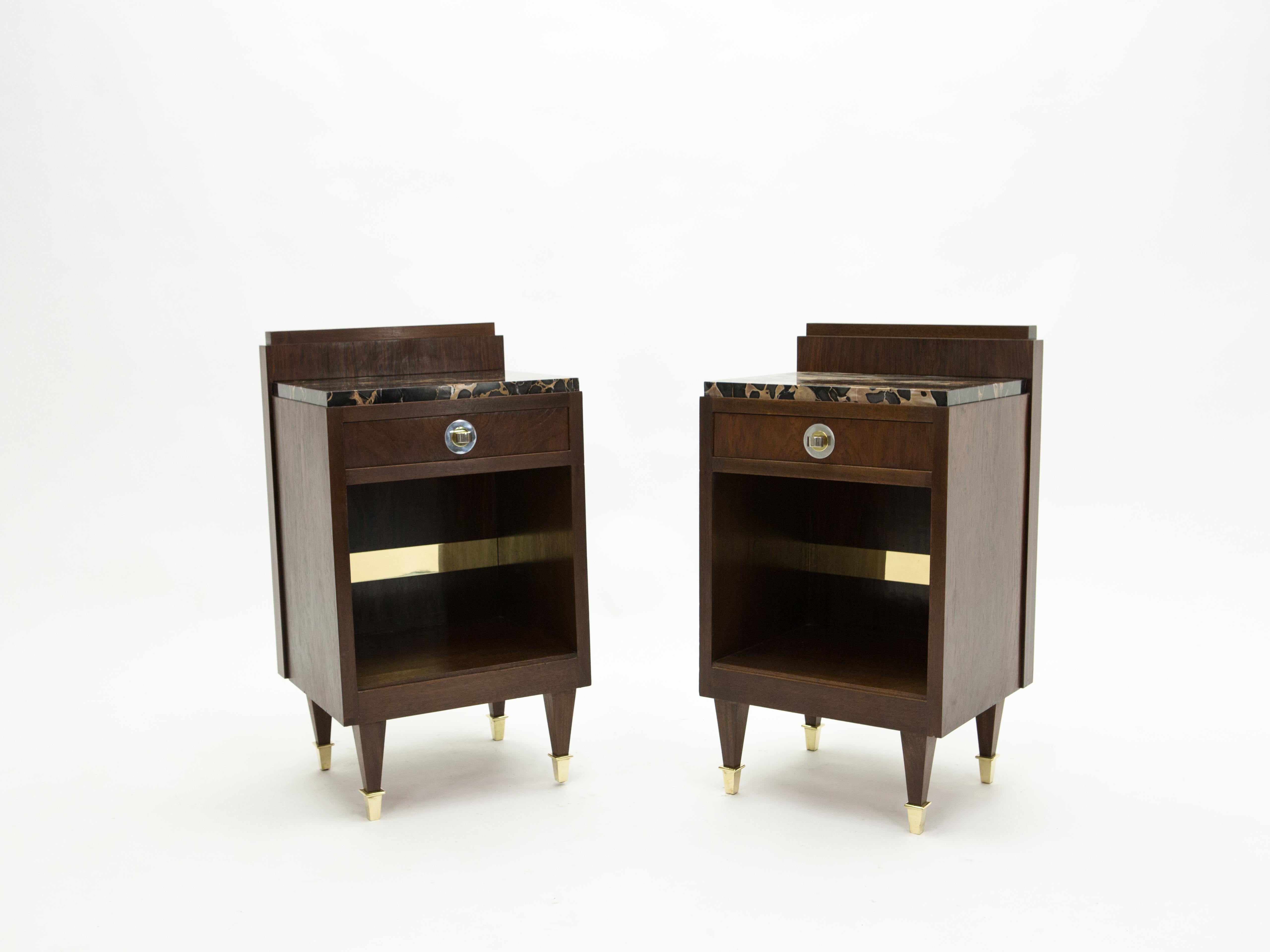 French Art Deco Rosewood Brass Marble Nightstands, 1940s In Good Condition In Paris, IDF