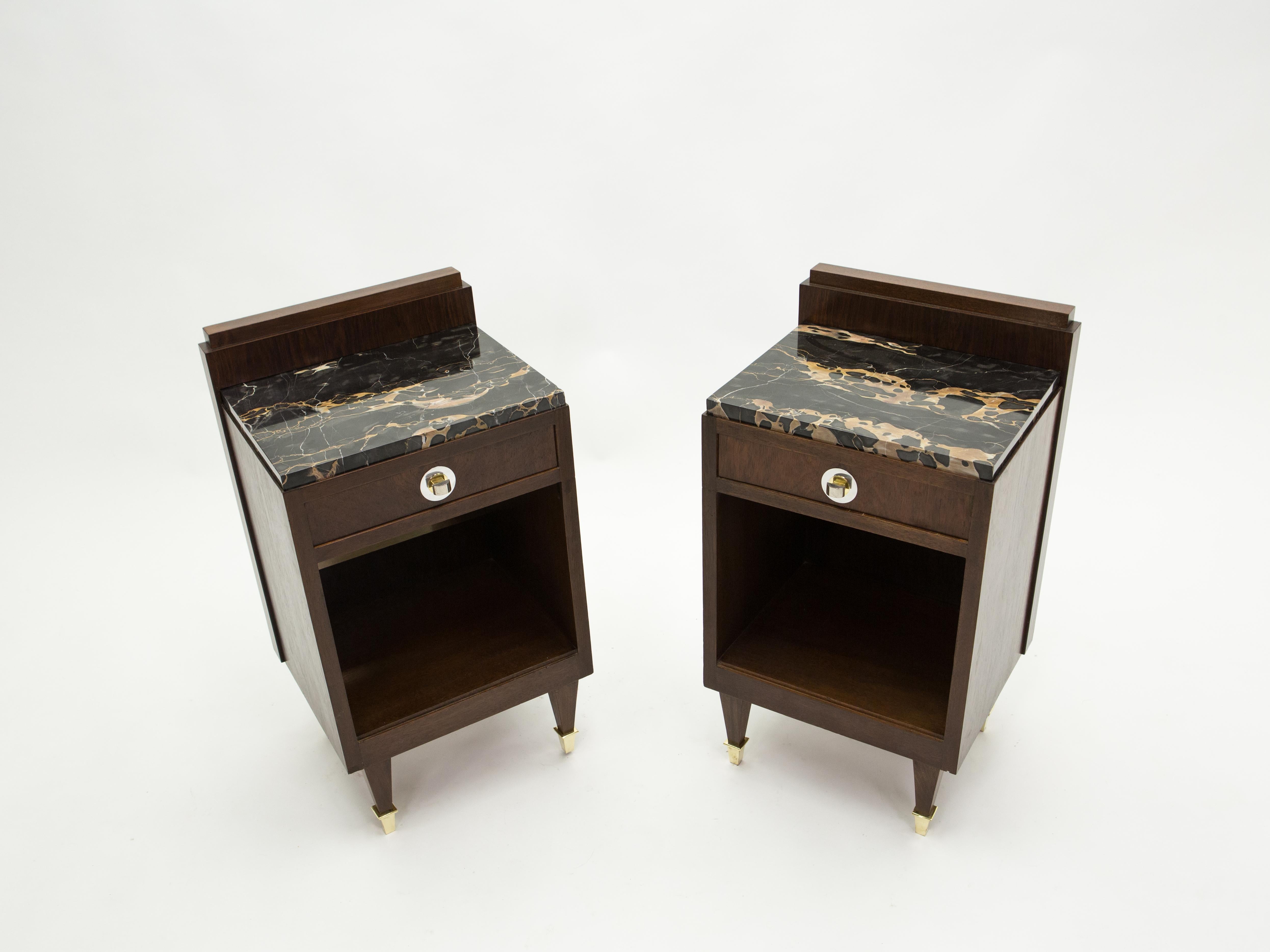 Mid-20th Century French Art Deco Rosewood Brass Marble Nightstands, 1940s
