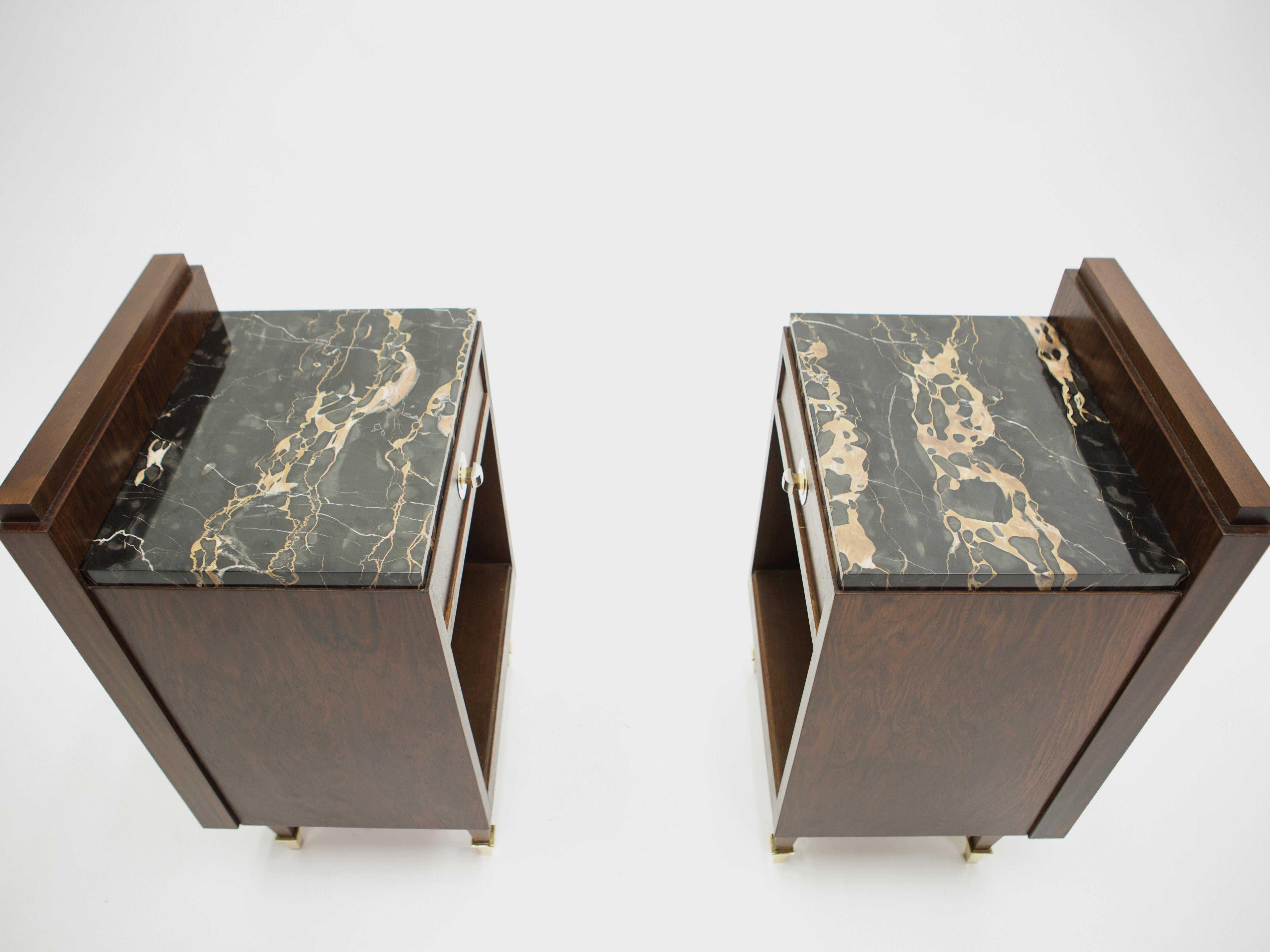 French Art Deco Rosewood Brass Marble Nightstands, 1940s 1