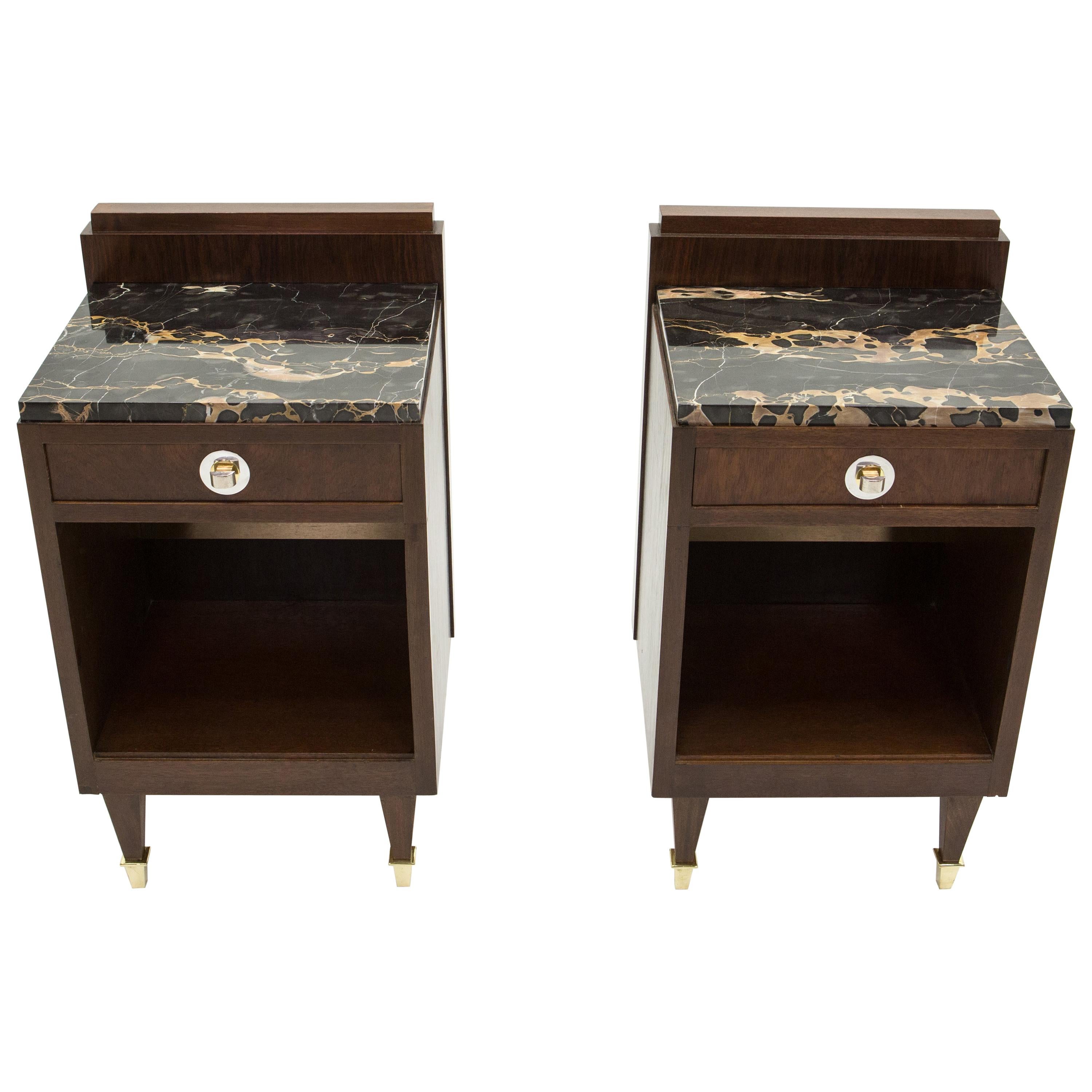 French Art Deco Rosewood Brass Marble Nightstands, 1940s