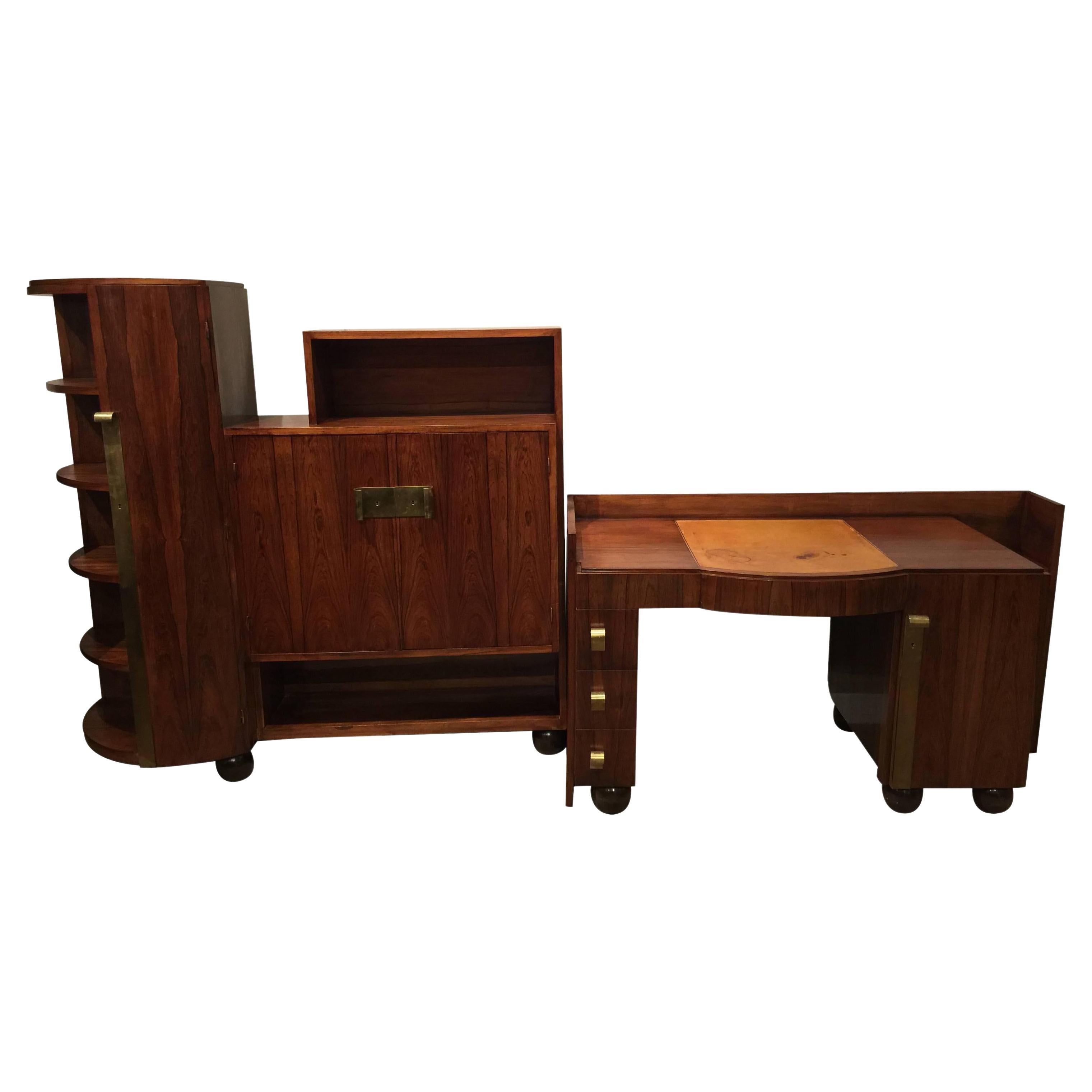Französischer Art-déco-Schreibtisch und Bücherregal aus Palisanderholz von Dominique im Angebot