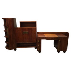Vintage French Art Deco Rosewood Desk and Bookcase 