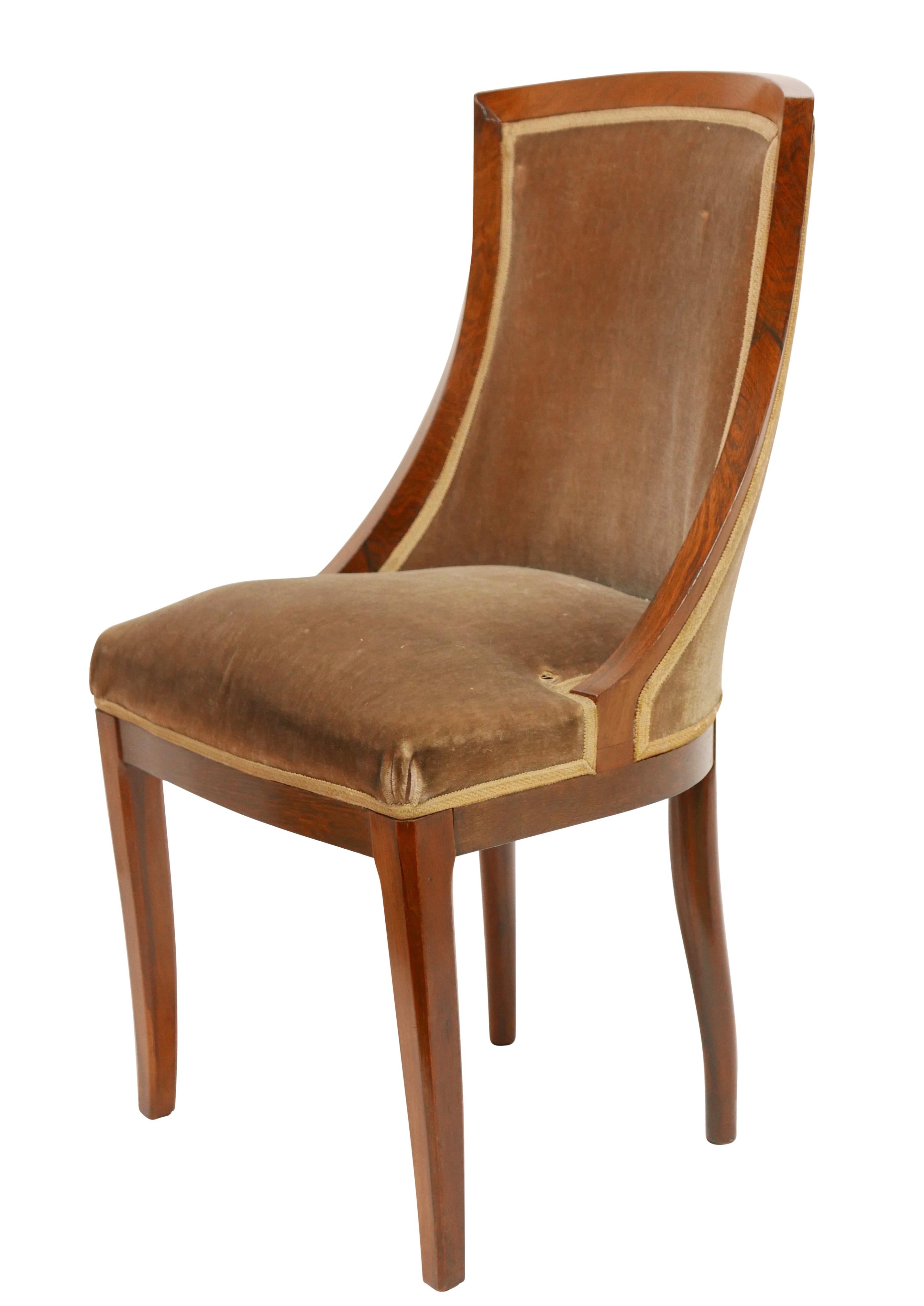 A set of six elegant Art Deco period rosewood dining chairs, having original worn mohair fabric, will need to be re-upholstered.
Chairs are structurally strong and sound.
France, 1920s-1930s.

 