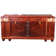 French Art Deco Rosewood Marble-Top Sideboard with Mother of Pearl Inlay, 1930s