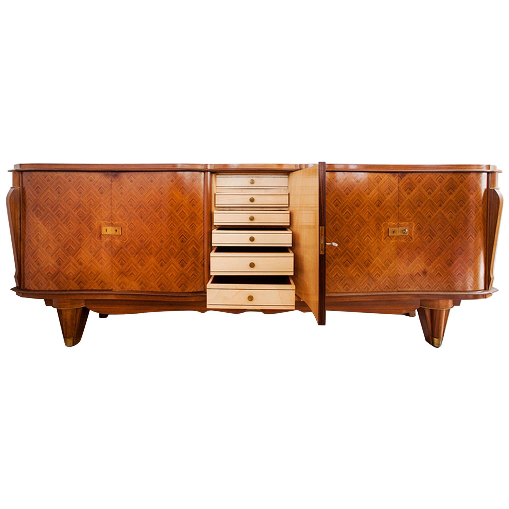 French Art Deco Rosewood Marquetry Sideboard Attributed to Jules Leleu, 1940s For Sale