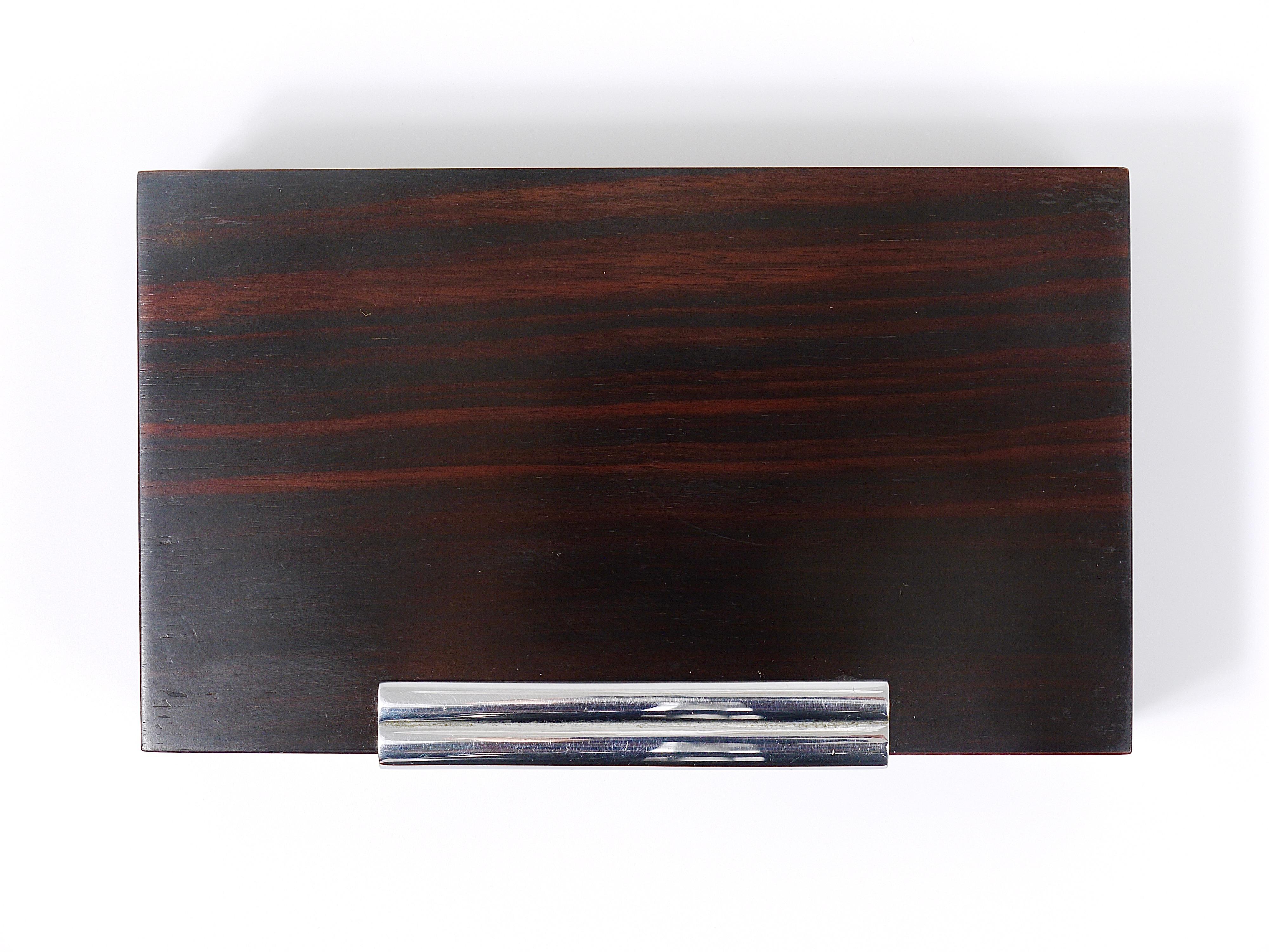 French Art Deco Rosewood & Nickel Storage Box, Maison Desny Style, France, 1930s For Sale 11