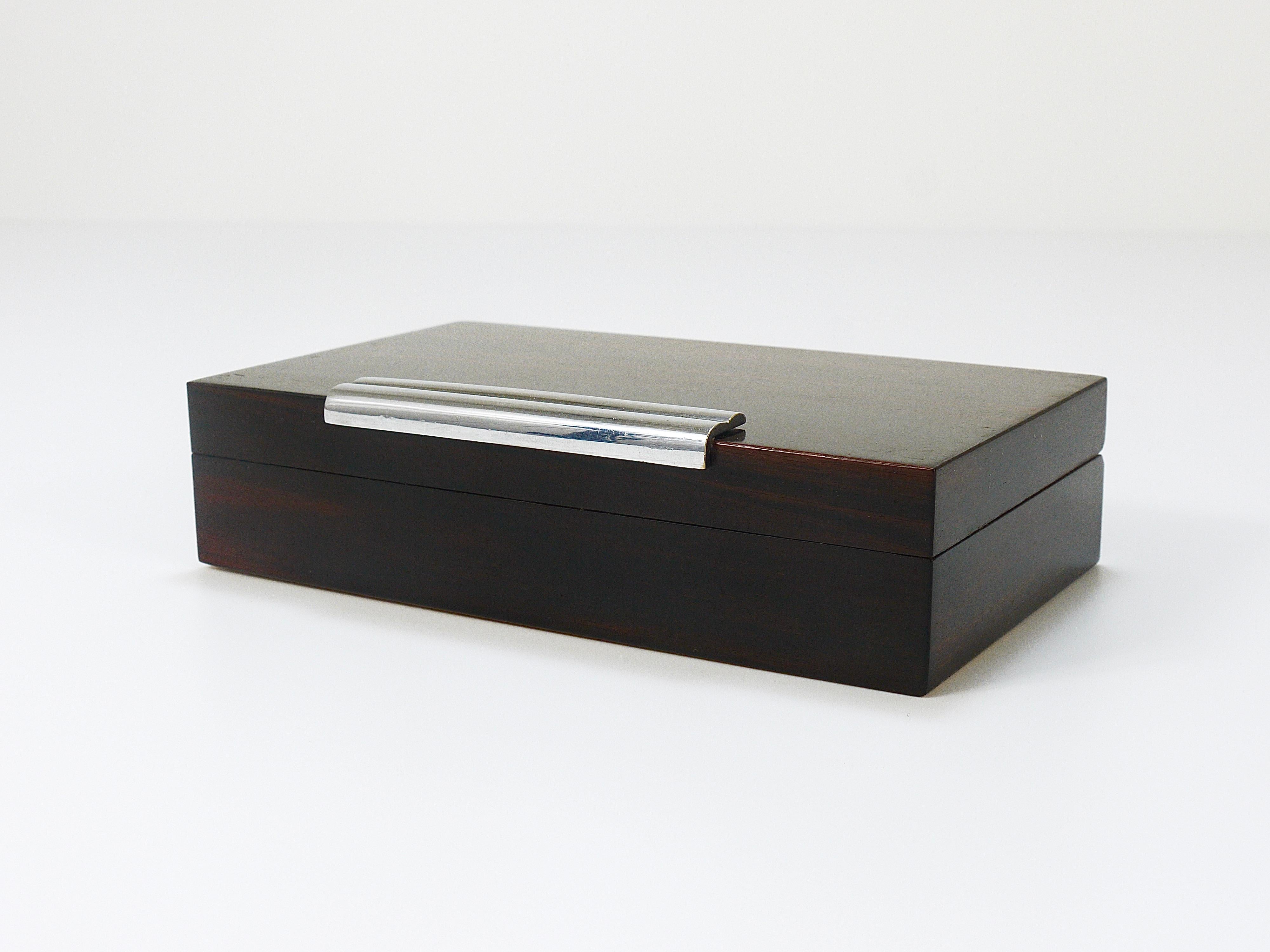 Mid-20th Century French Art Deco Rosewood & Nickel Storage Box, Maison Desny Style, France, 1930s For Sale