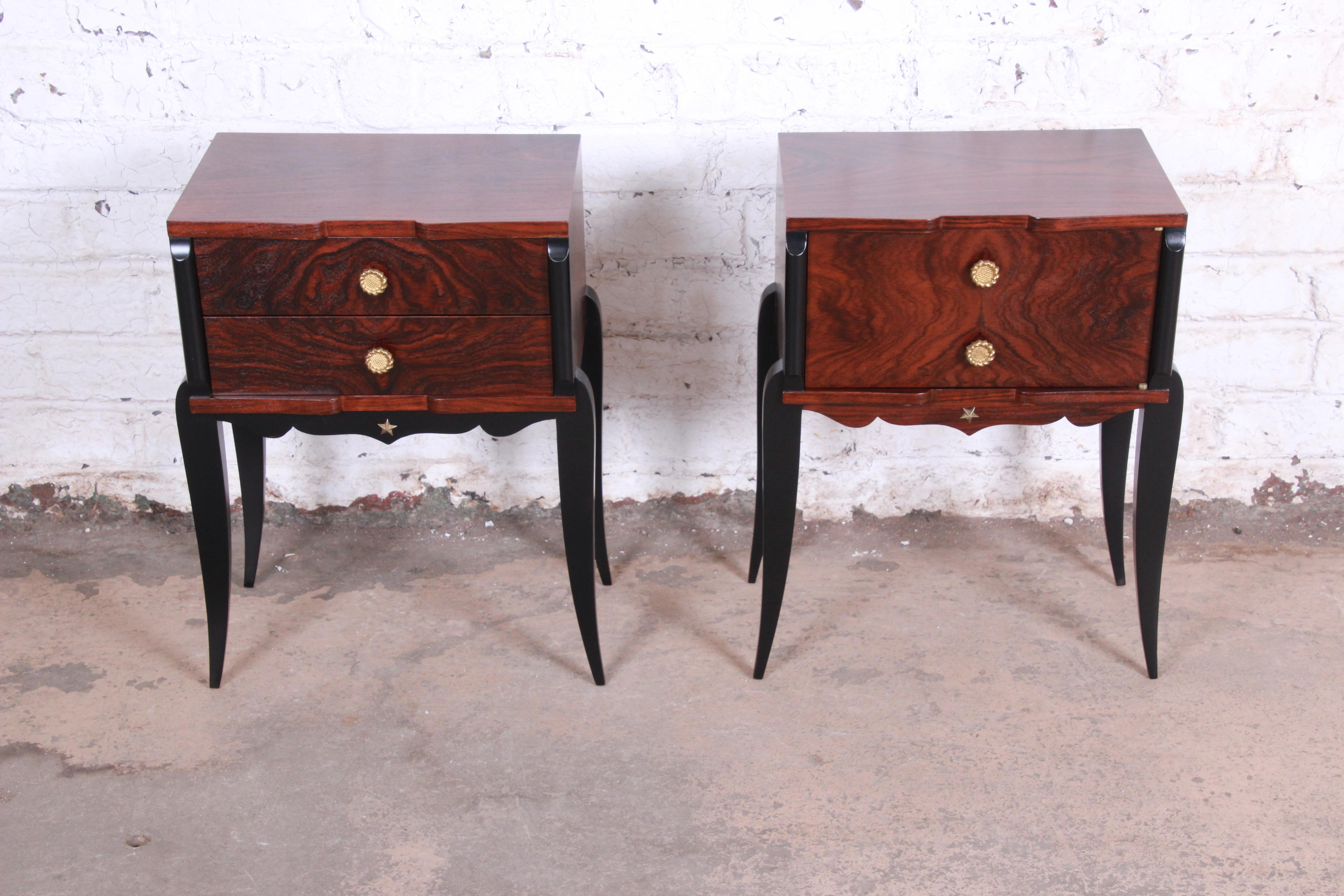French Art Deco Rosewood Nightstands circa 1930s, Newly Restored In Good Condition In South Bend, IN