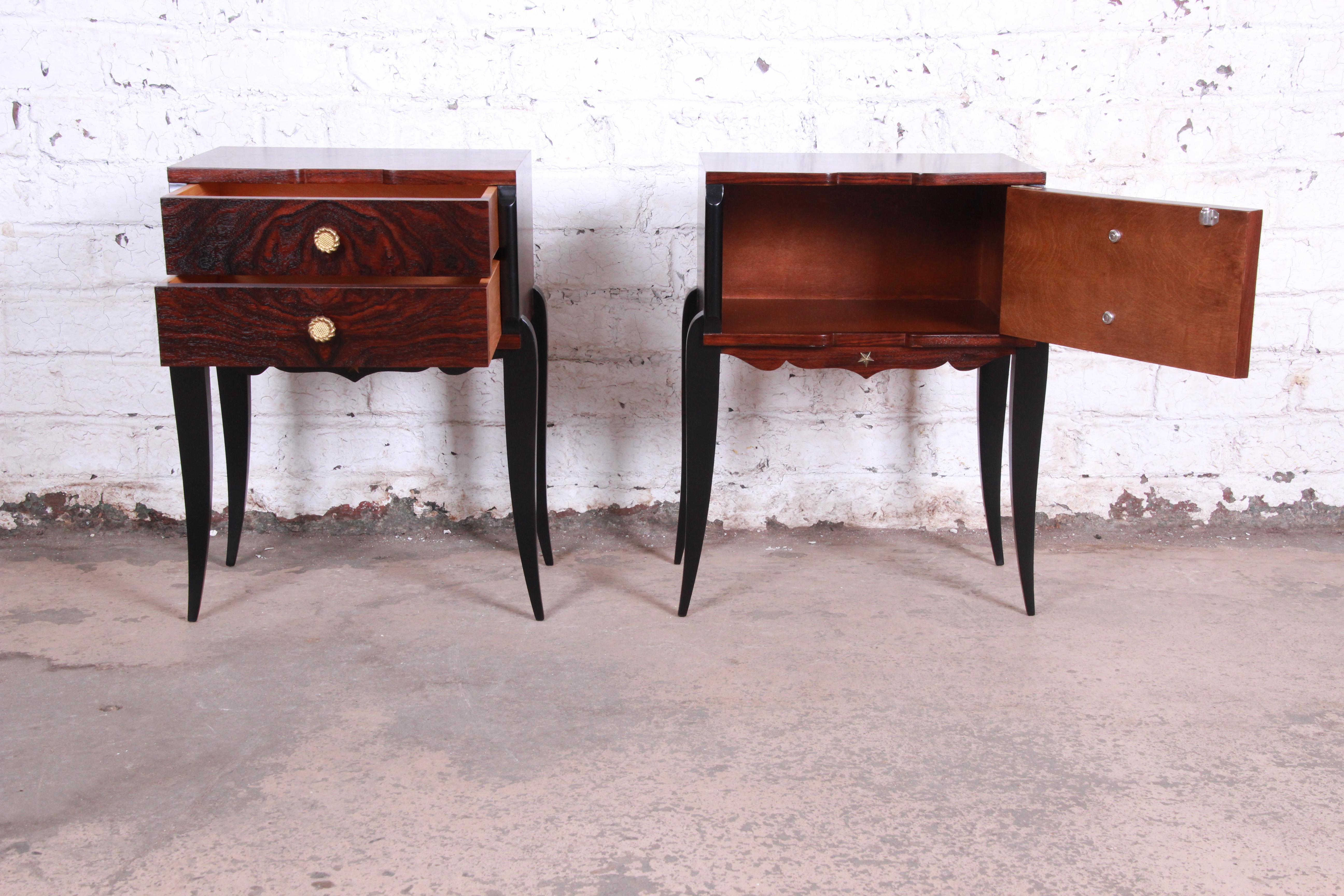 Brass French Art Deco Rosewood Nightstands circa 1930s, Newly Restored
