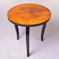 French Art Deco Round Burl Wood Side Table with Black Legs