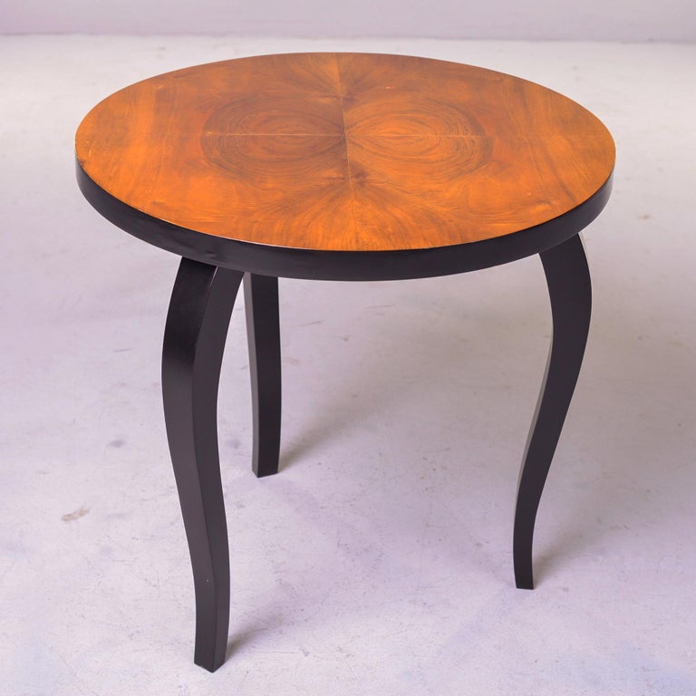 French Art Deco Round Burl Wood Side Table with Black Legs For Sale at