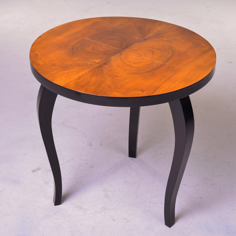 French Art Deco Round Burl Wood Side Table with Black Legs For Sale at