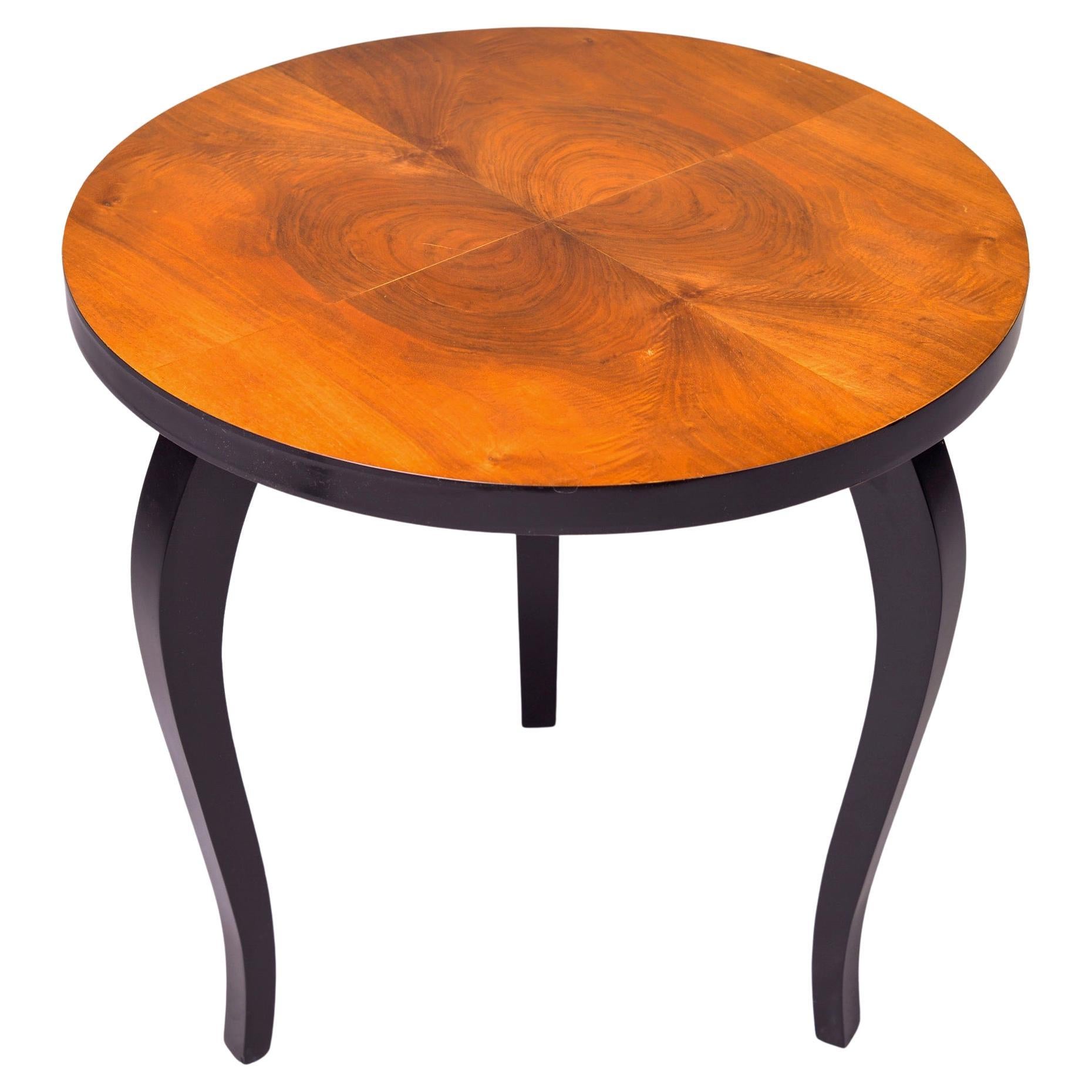 French Art Deco Round Burl Wood Side Table with Black Legs