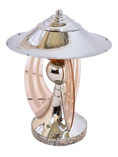French Art Deco Round Chromed Table Lamp with Rosaline Colored Glass Arches