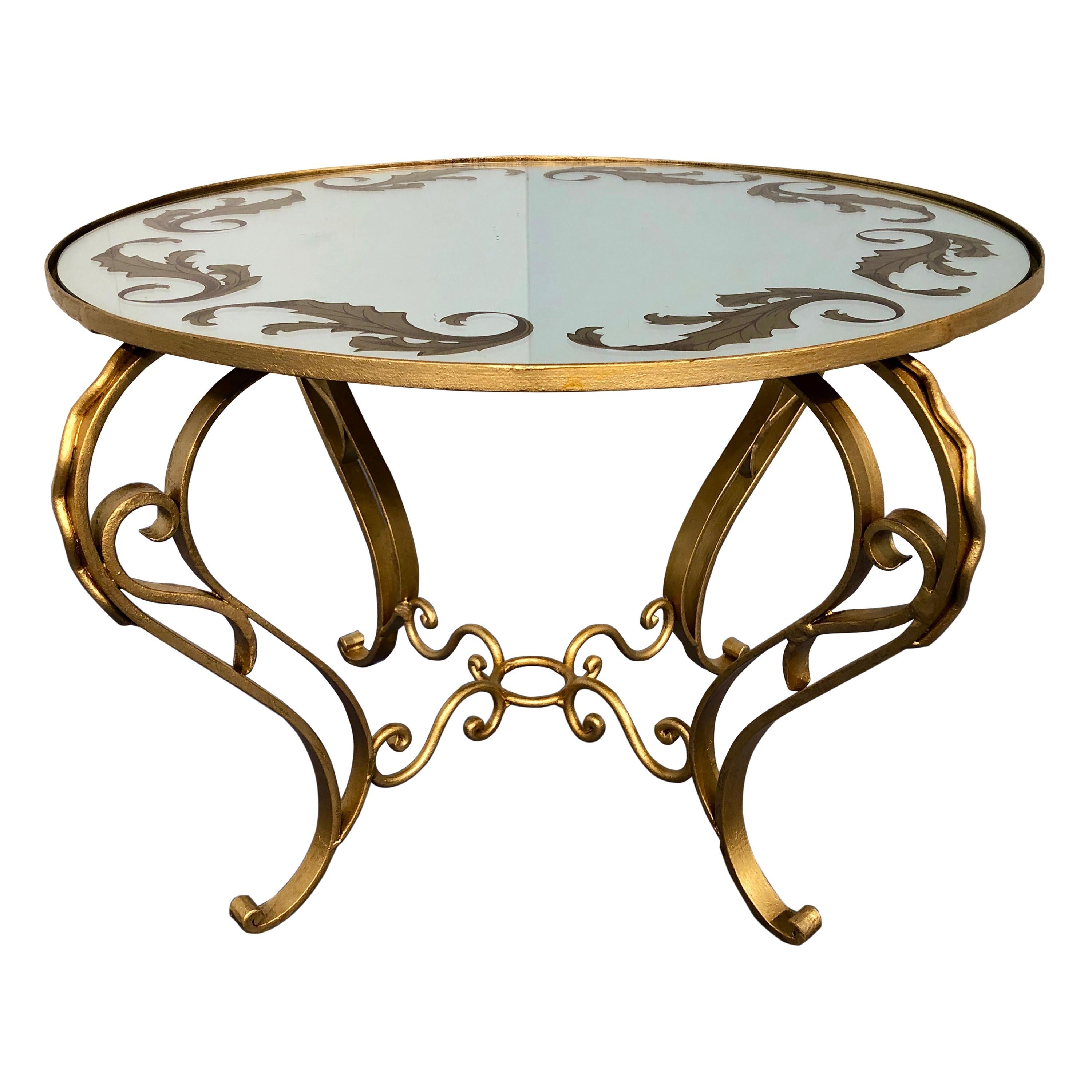 French Art Deco Round Coffee Table in Gilded Iron, 1950