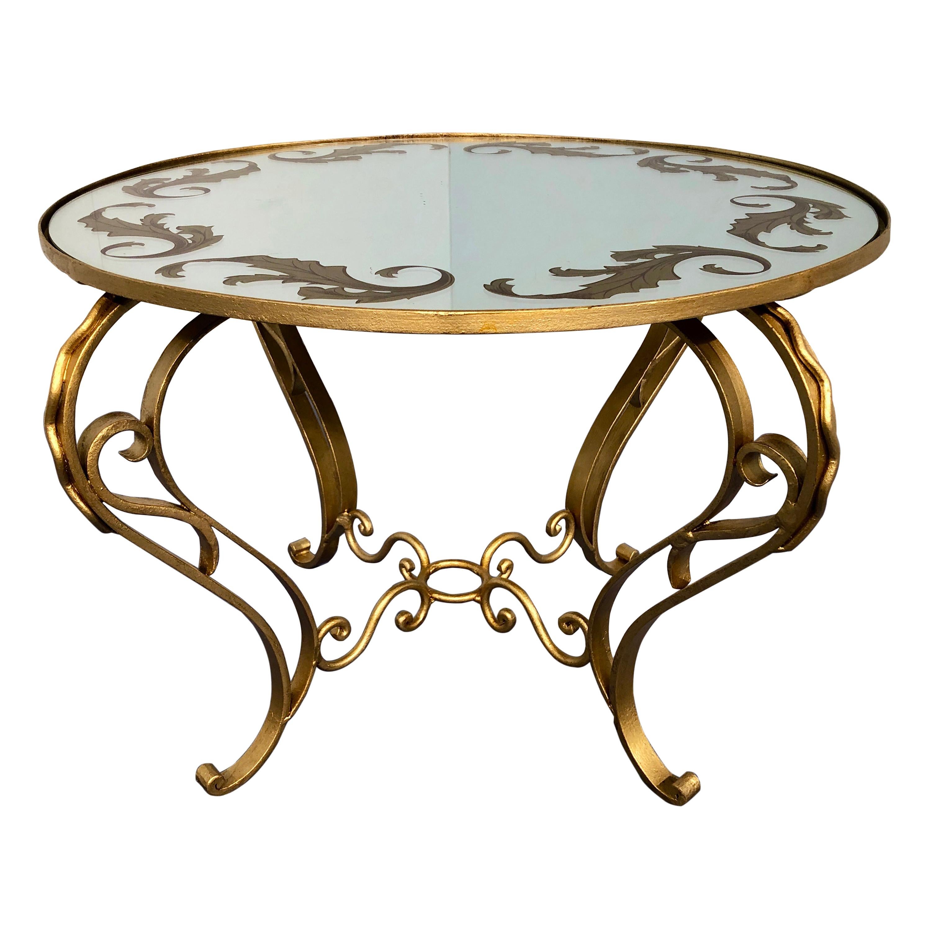 Table basse ronde Art déco française en fer doré, 1950