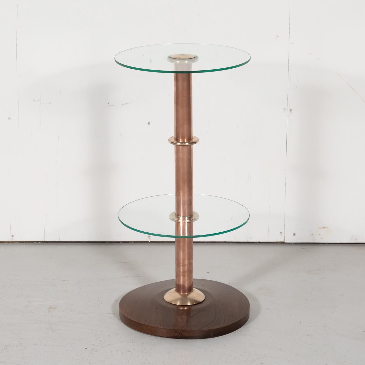 French Art Deco Round Glass, Brass, and Copper Drink Occasional or Side Table 3