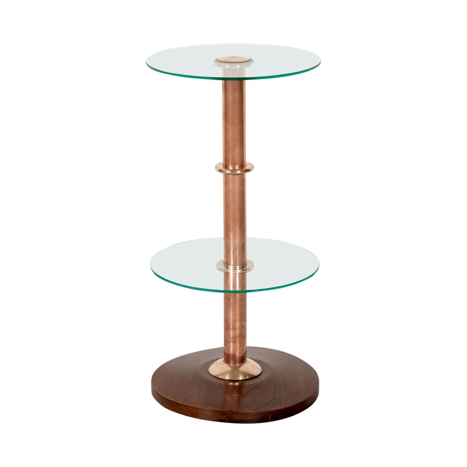 French Art Deco Round Glass, Brass, and Copper Drink Occasional or Side Table