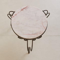 French Art Deco Round Pink Marble + Wrought Iron Coffee Table, 1930s