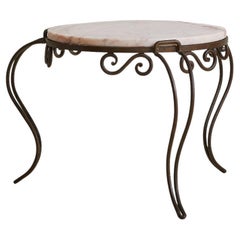 French Art Deco Round Pink Marble + Wrought Iron Coffee Table, 1930s