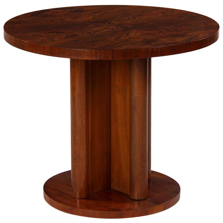 French Art Deco Round Walnut Side Table, 1930s