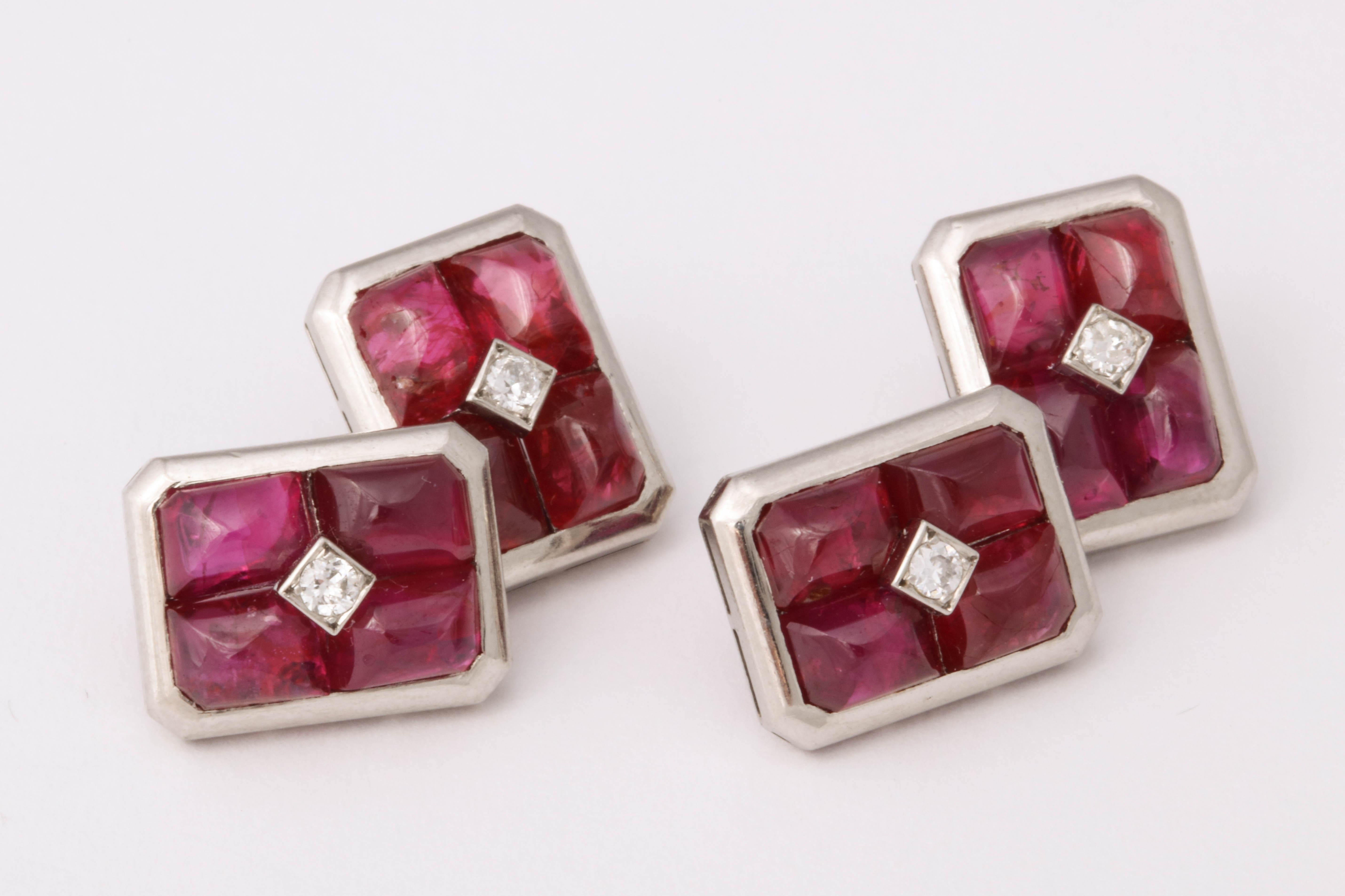 French Art Deco Ruby and Diamond Cufflinks In Excellent Condition For Sale In New York, NY